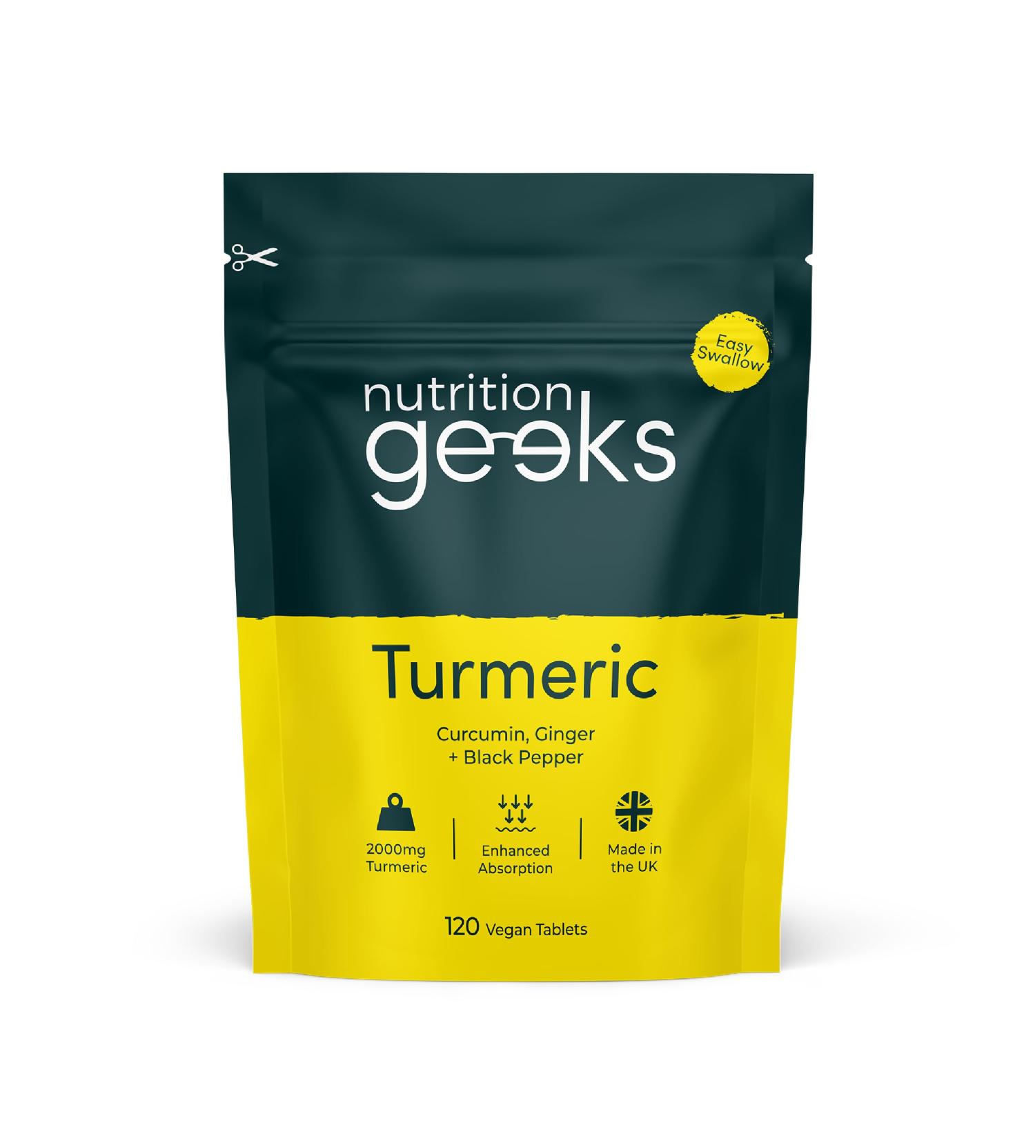 Nutrition Geeks Turmeric Tablets 2000 mg with Black Pepper & Ginger High Strength Curcumin Supplements Vegan and Gluten Free UK Made 120 Count - Buy Online on GoSupps.com