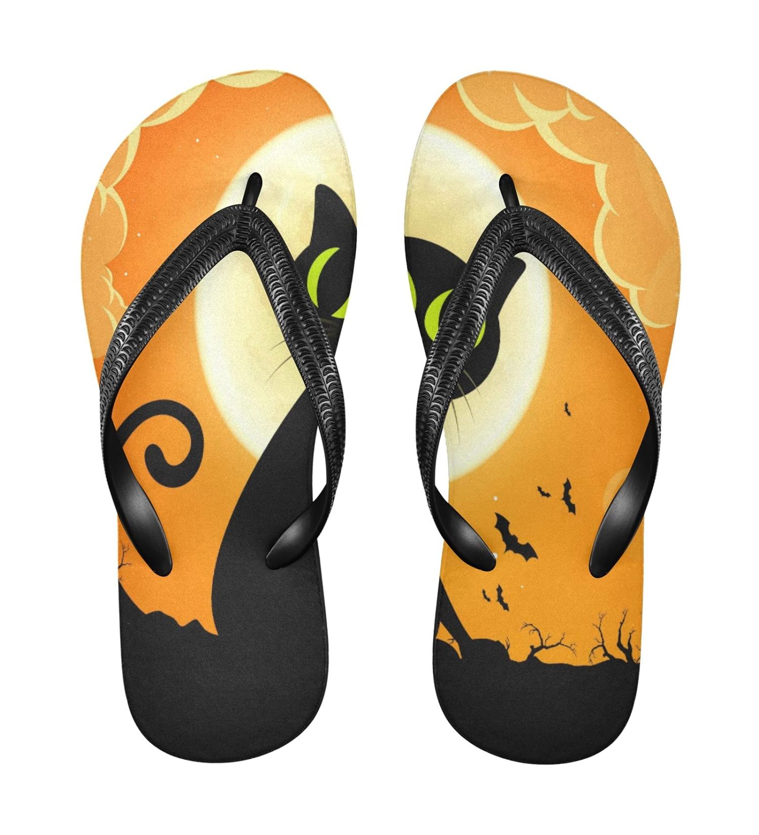 Mnsruu Halloween Cat Moon Slippers - Unisex Flip Flops for Hotel Spa & Travel | Comfortable & Stylish - Buy Online on GoSupps.com