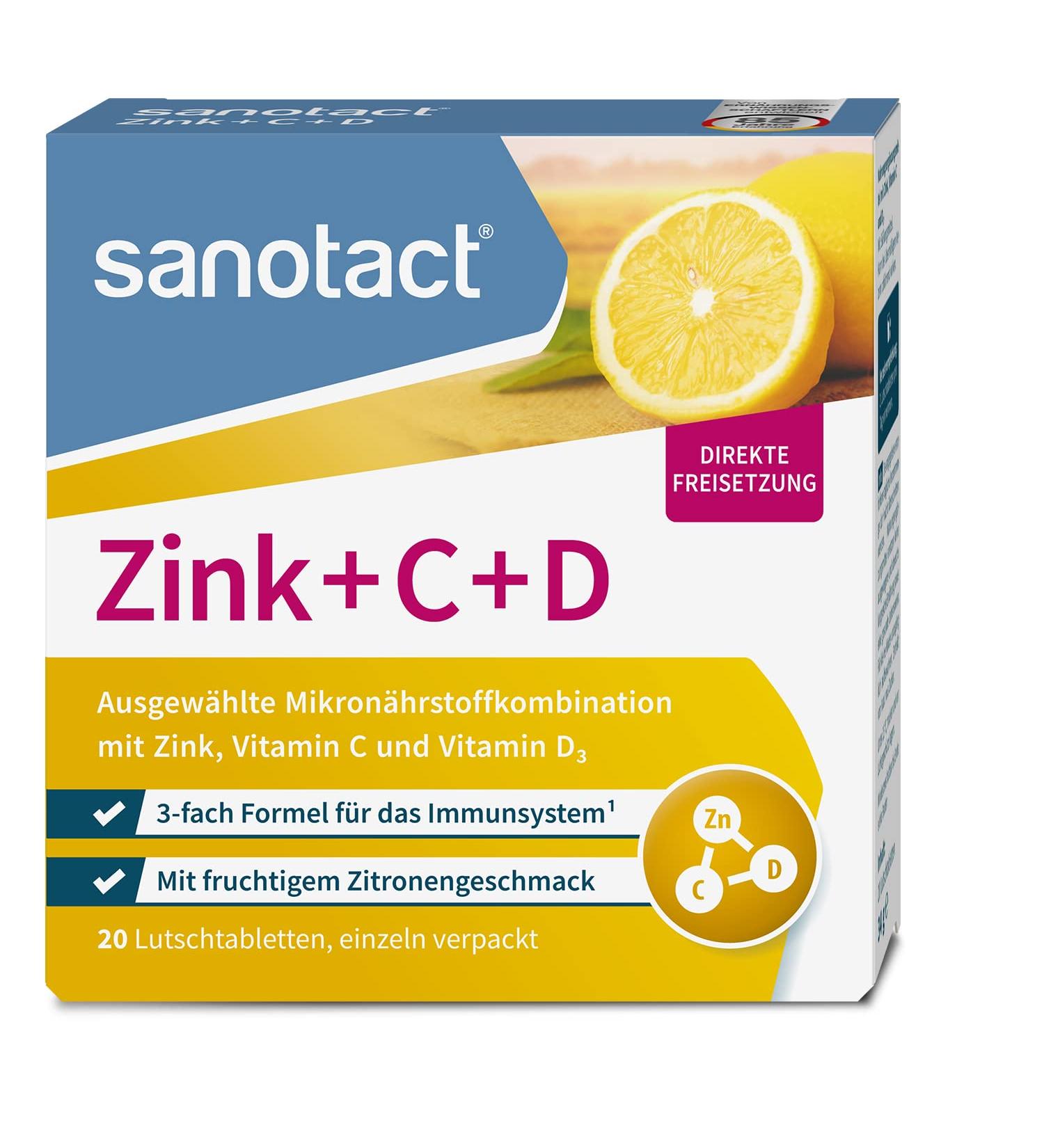Sanotact Zinc + C + D Lollipops - Immune Support Vitamins Zinc Lozenges with Vitamin C & D3 Fruity Lemon Flavor 20 Pack - Buy Online on GoSupps.com