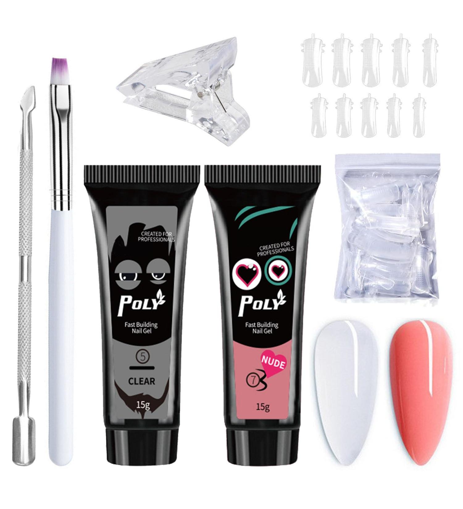 DMQ Poly Gel Nail Kit - Clear & Nude Builder Gel Set for Nail Extensions | Starter Kit for Beginners with Form, Brush, and Cuticle Remover - Buy Online on GoSupps.com