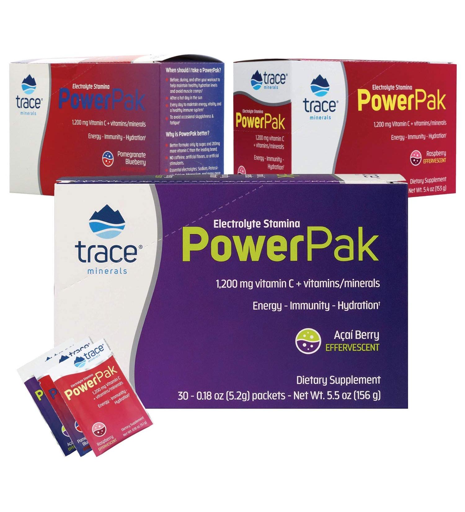 Trace Minerals Electrolyte Stamina Power Pak, 1200mg Vitamin C, Non-GMO, Variety Pack of 3 - Pomegranate Blueberry Raspberry Acai Berry - 30 Packets x 3 - Buy Online on GoSupps.com