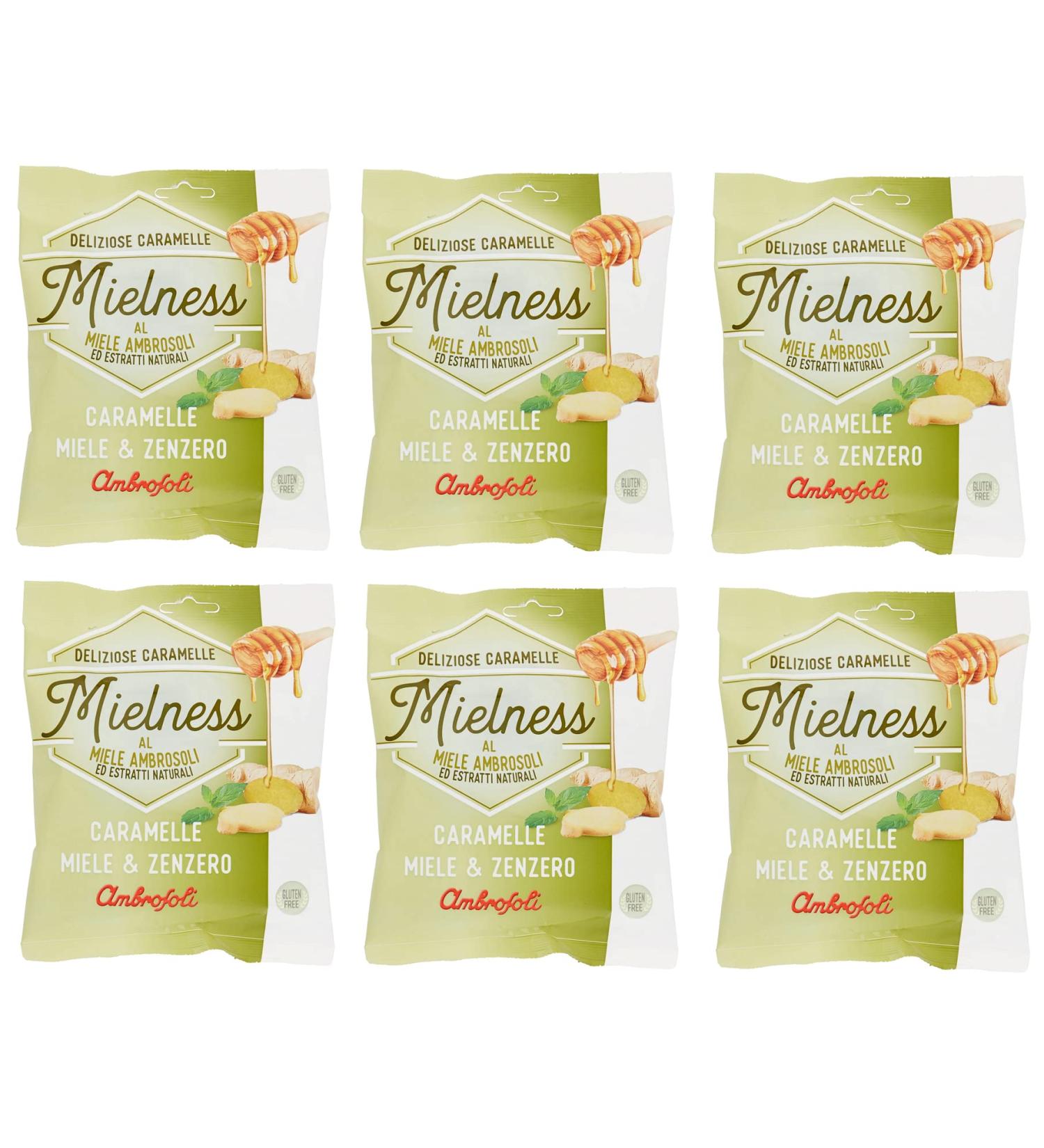 Ambrosoli Mielness Miele&Zenzero Pack of 6 Honey Sweets with Ginger Sachets with 90g of Sweets