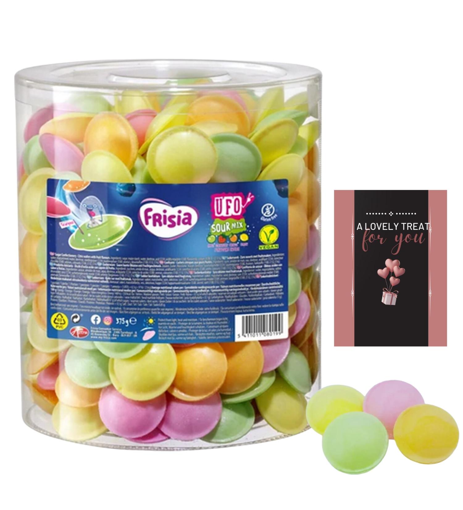 Frisia Flying Saucer Sweets Bulk (300pcs) Sour Citric Wafers Fruit Flavours Fizzy Sweets Tub 375g & Card - Gluten Free Sweets for Kids Birthday Halloween Party Bag Fillers - Buy Online on GoSupps.com