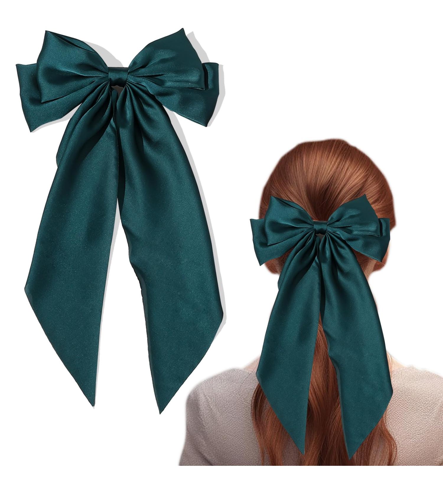 ZhongShuang Green Hair Bow Green Big Hair Bows for Women Solid Color Bow Hair Clips with Long Ribbon French Barrette Clip Soft Satin Silky Hair Bows Cute Gifts for Women Girls - Buy Online on GoSupps.com