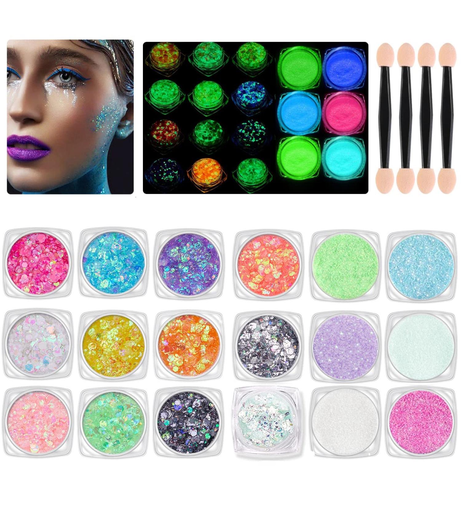 18 Colors Glow in The Dark Glitter Gel for Face, Body, Eye, Lip, Nail & Hair | UV Holographic, Self-Adhesive Luminous Glitter | Halloween & Christmas Party Makeup - Buy Online on GoSupps.com