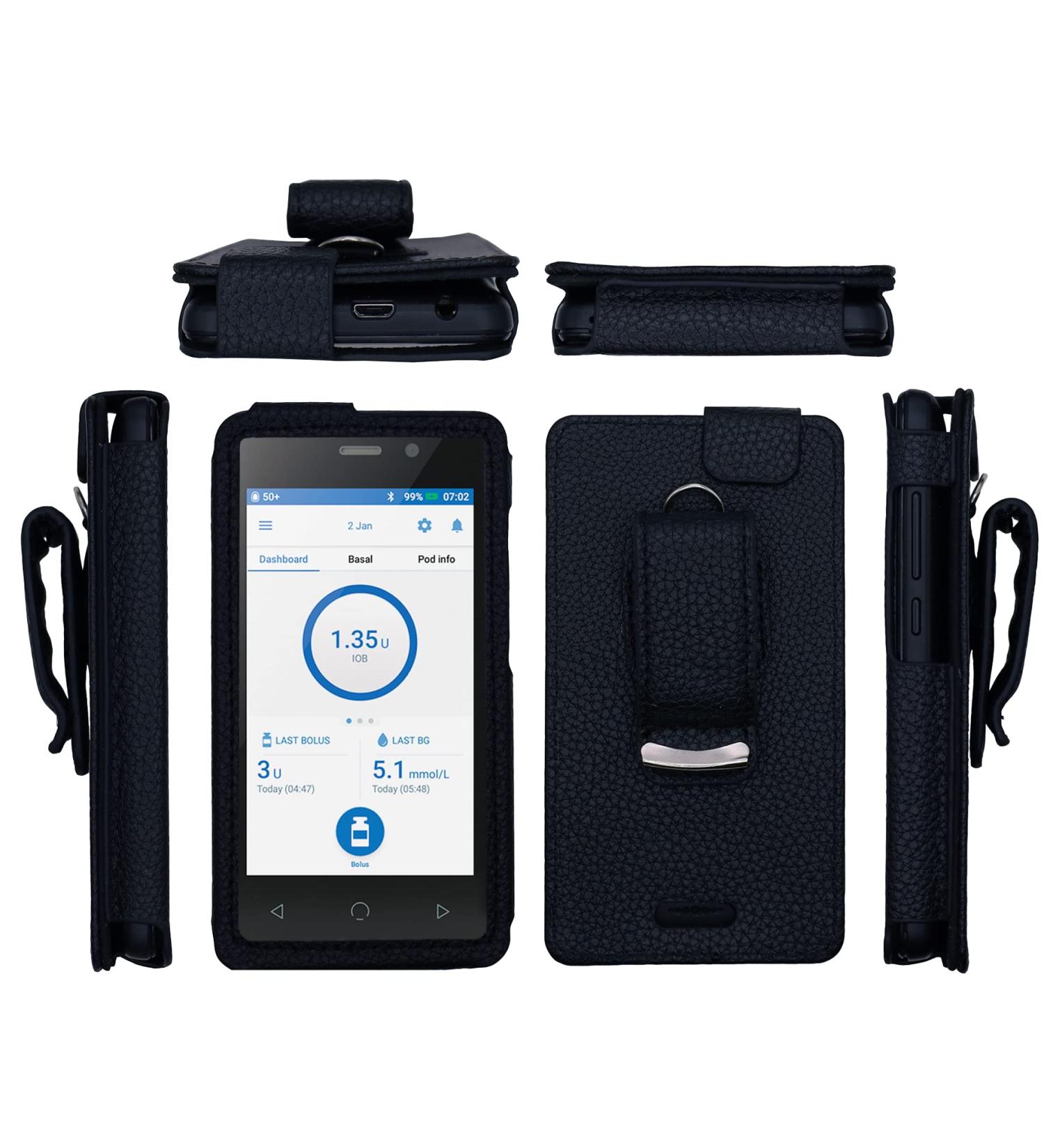 Fitted Leather Case with Screen Protector for Omnipod Dash PDM - Black | Includes Carabiner & Lanyard - Buy Online on GoSupps.com