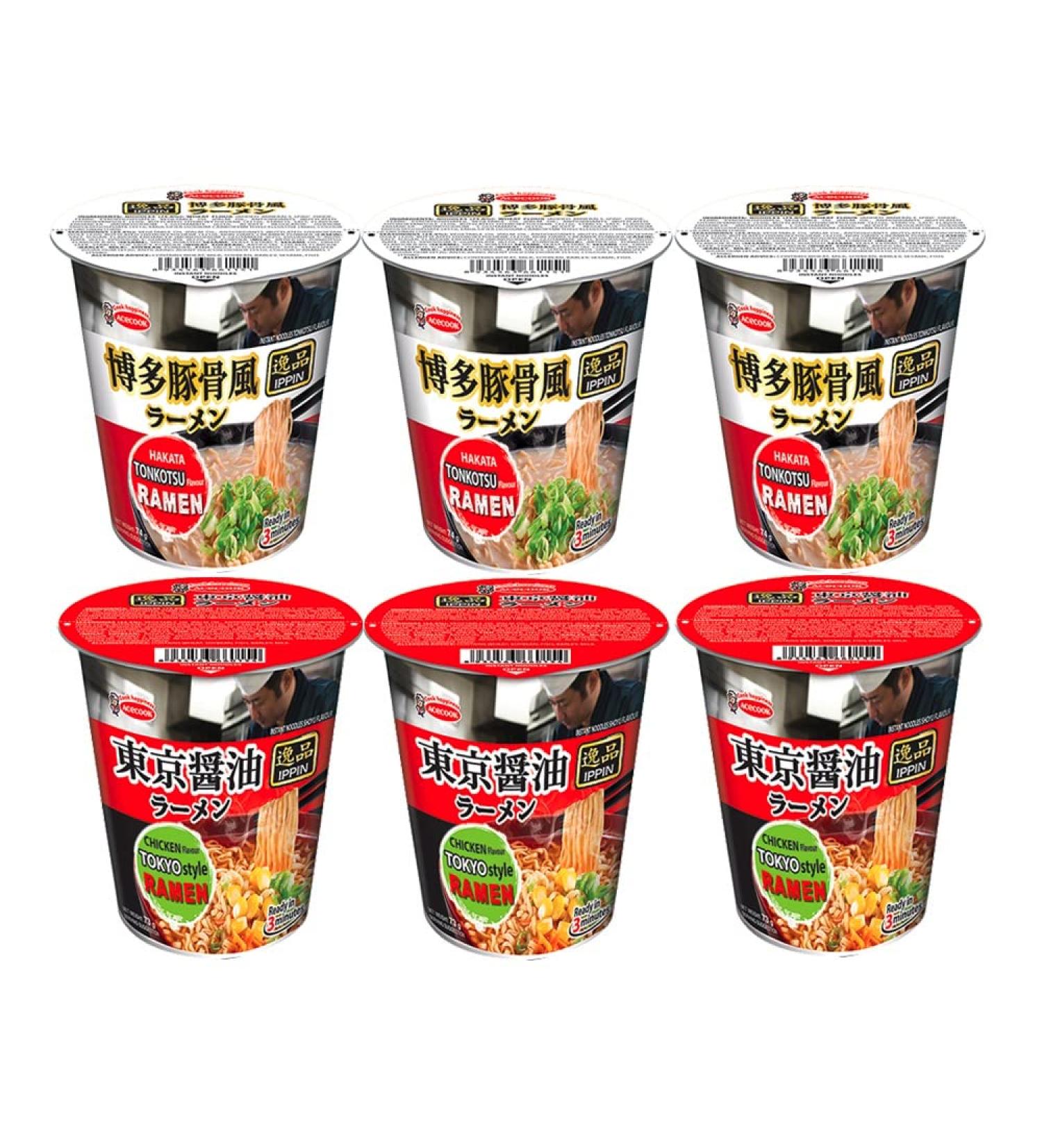 Acecook Ippin Instant Ramen Cup (Tokyo Shoyu + Hakata Tonkotsu)(Pack of 6)