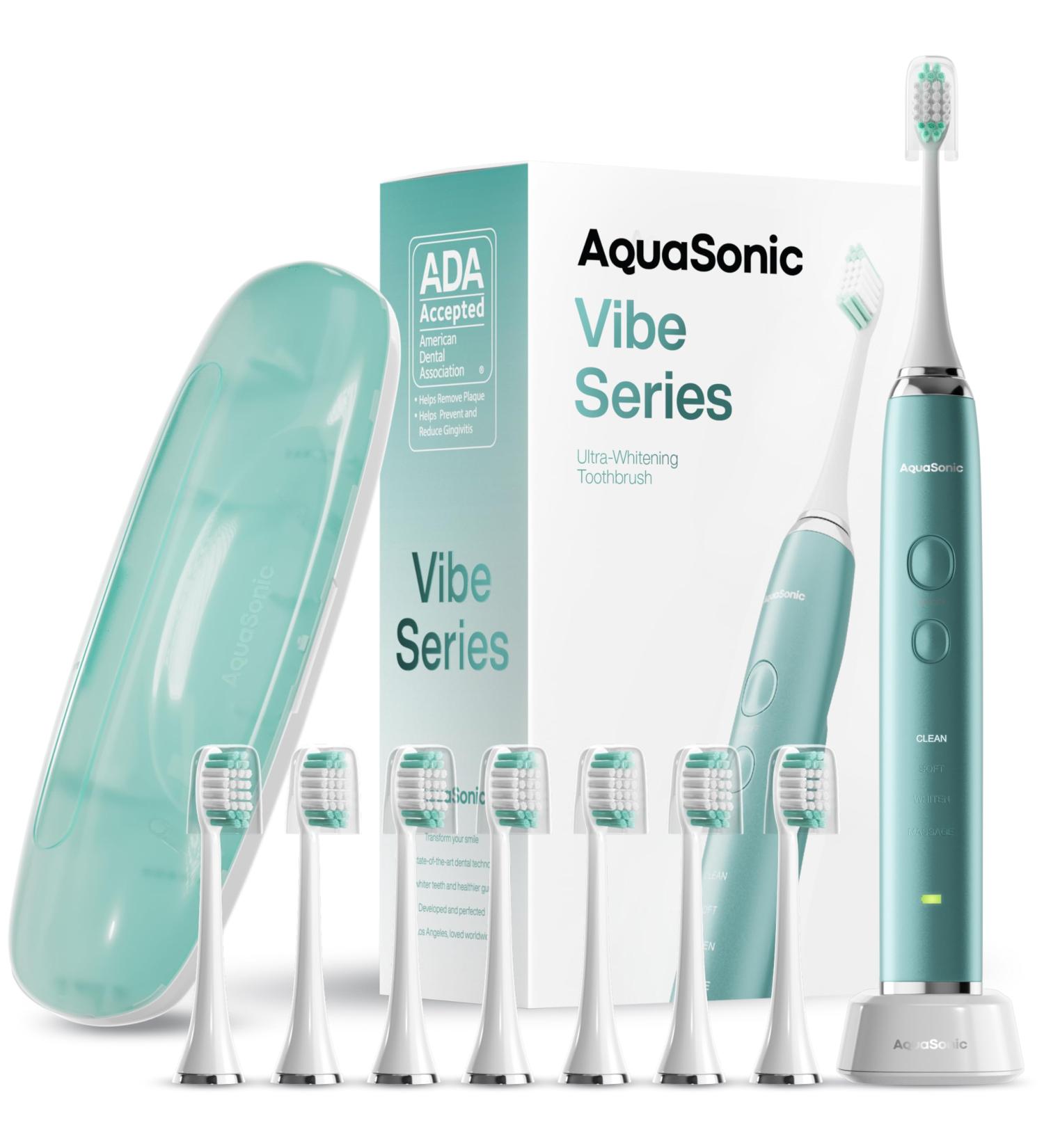 Aquasonic Vibe Series Ultra-Whitening Toothbrush ADA Accepted Power Toothbrush - 8 Brush Heads & Travel Case 40 000 VPM Motor & Wireless Charging - 4 Modes w Smart Timer Mint Green Metallic - Buy Online on GoSupps.com
