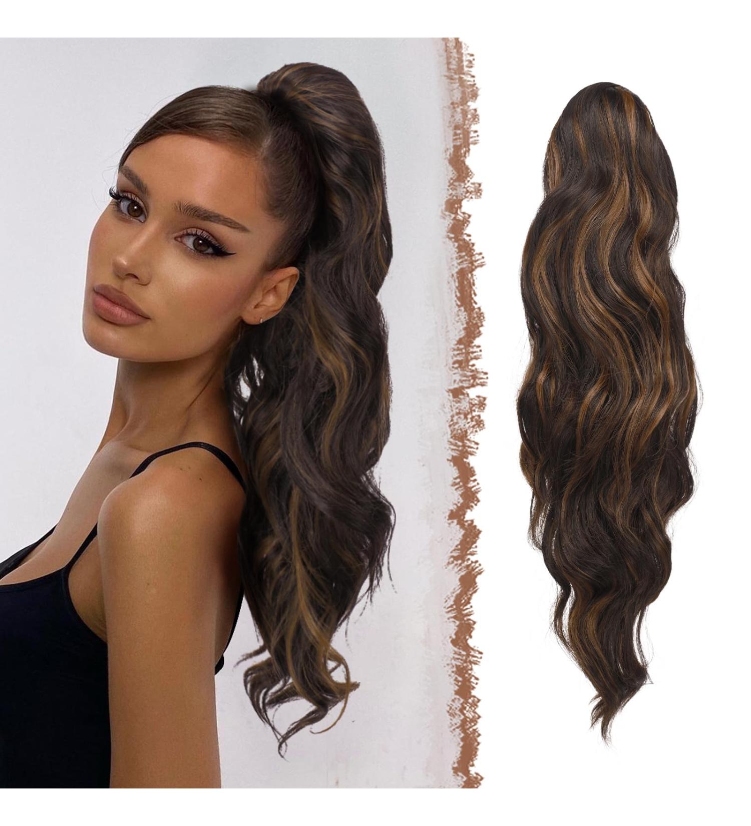 Feshfen 60cm Wavy Curly Ponytail Hair Extension - Synthetic Black & Caramel Brown for Women - Buy Online on GoSupps.com