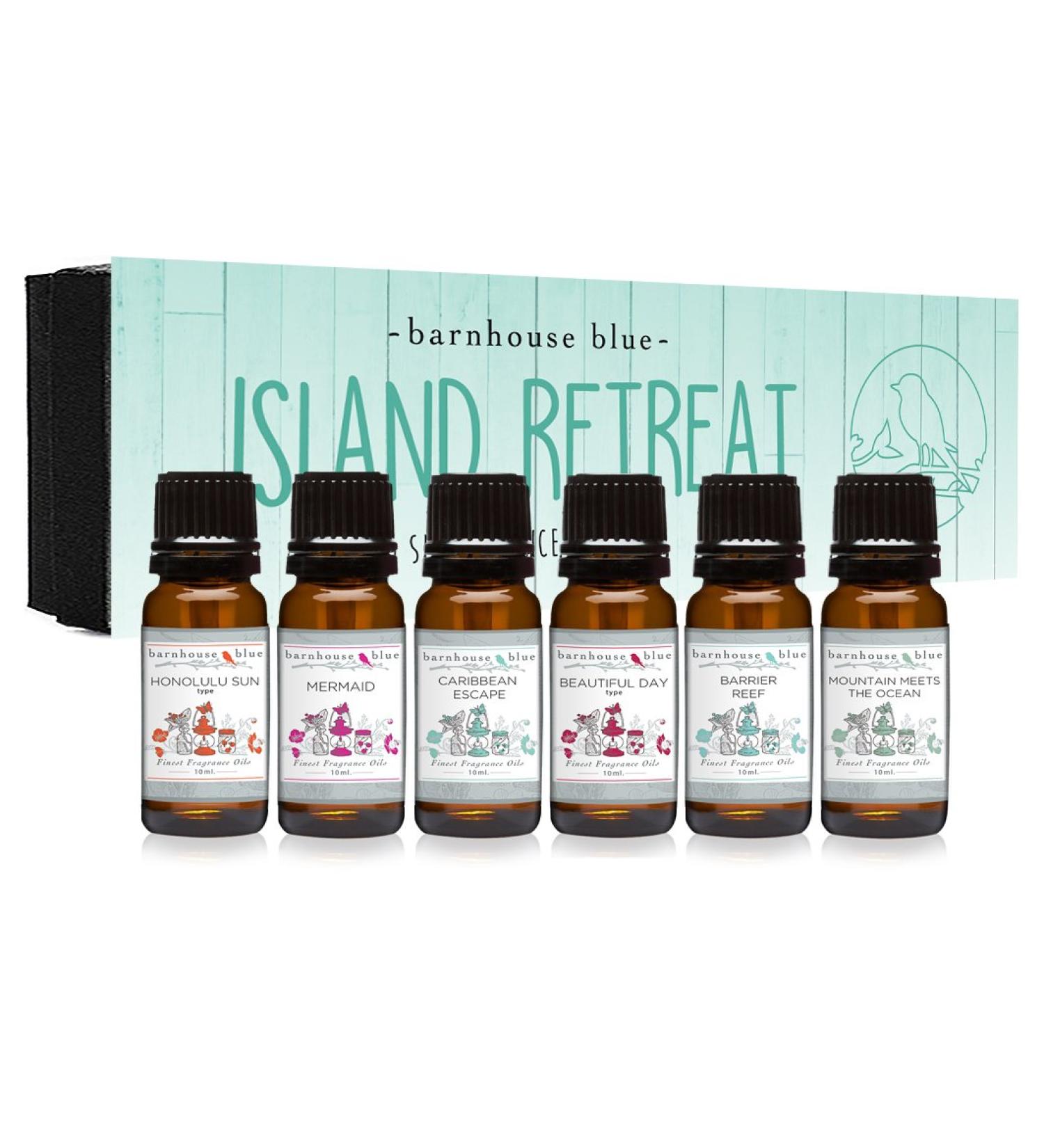 Island Retreat Gift Set of 6 Premium Fragrance Oils - Barrier Reef, Mountain Meets The Ocean, Beautiful Day, Caribbean Escape, Honolulu Sun, Mermaid - Barnhouse Blue