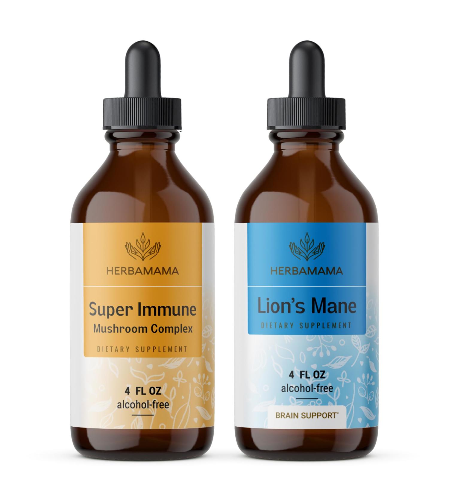 HERBAMAMA Liquid Drops Kit - Bundle of Super Immune Mushroom Complex and Lion's Mane Tincture 4 fl oz - Vegan Non-GMO Sugar & Alcohol-Free - 2 Pack - Buy Online on GoSupps.com