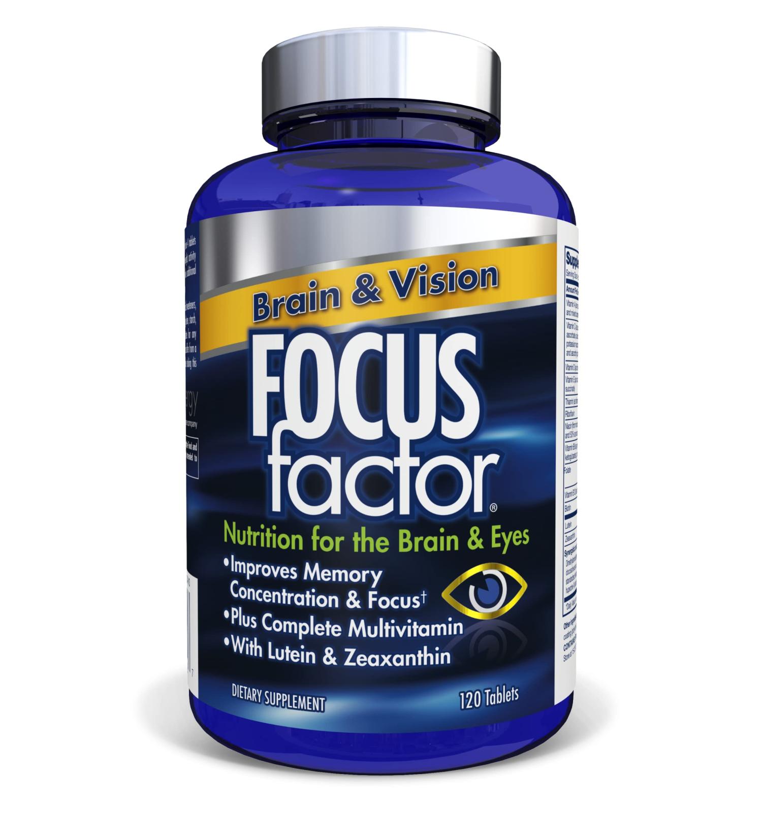 Focus Factor Brain and Vision Supplement 120 Count - Eye Vitamin & Mineral Multivitamin for Adults with Lutein and Zeaxanthin - Improves Focus, Concentration, and Memory - 1 Pack - Buy Online on GoSupps.com