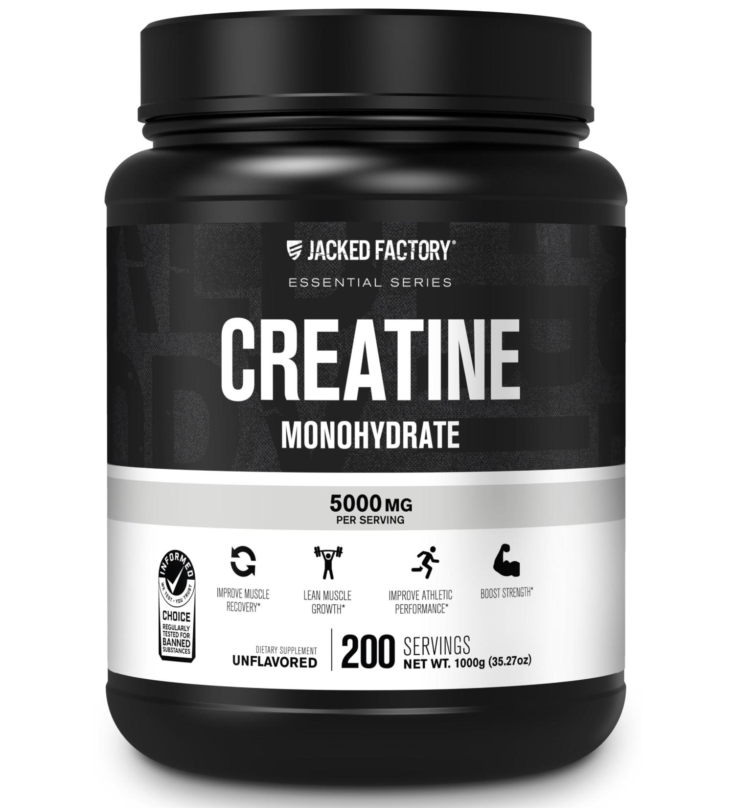 Jacked Factory Creatine Monohydrate Powder 1000g - Creatine Supplement for Muscle Growth Increased Strength Enhanced Energy Output and Improved Athletic Performance 200 Servings Unflavored Unflavored 200 Servings (Pack of 1) - Buy Online on GoSupps.com