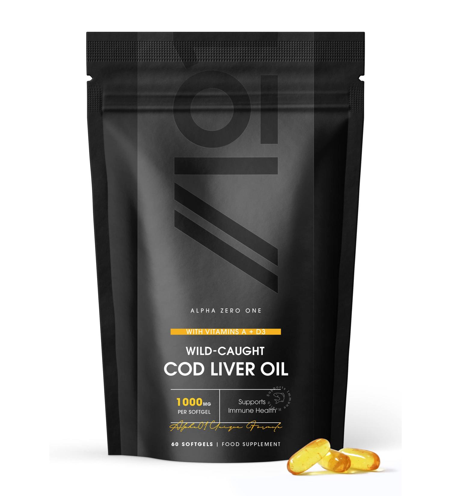 Wild-Caught Cod Liver Oil 1000mg - Omega-3 Fatty Acids, Vitamins A & D3 for Immune Health & Vision Support - 2 Months Supply, Non-GMO, Gluten-Free, Halal - 60 Softgels - Buy Online on GoSupps.com