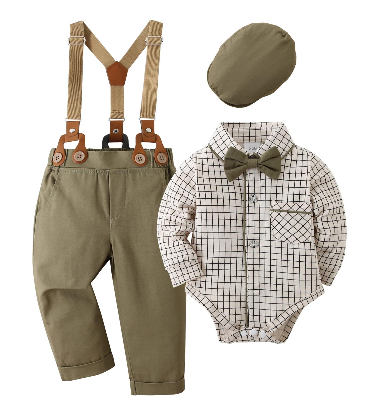 Amissz Baby Boy Gentleman Suit Set - Formal Tuxedo Romper + Suspender Pants + Beret Hat | 0-18 Months | Green (3-6 Months) - Buy Online on GoSupps.com