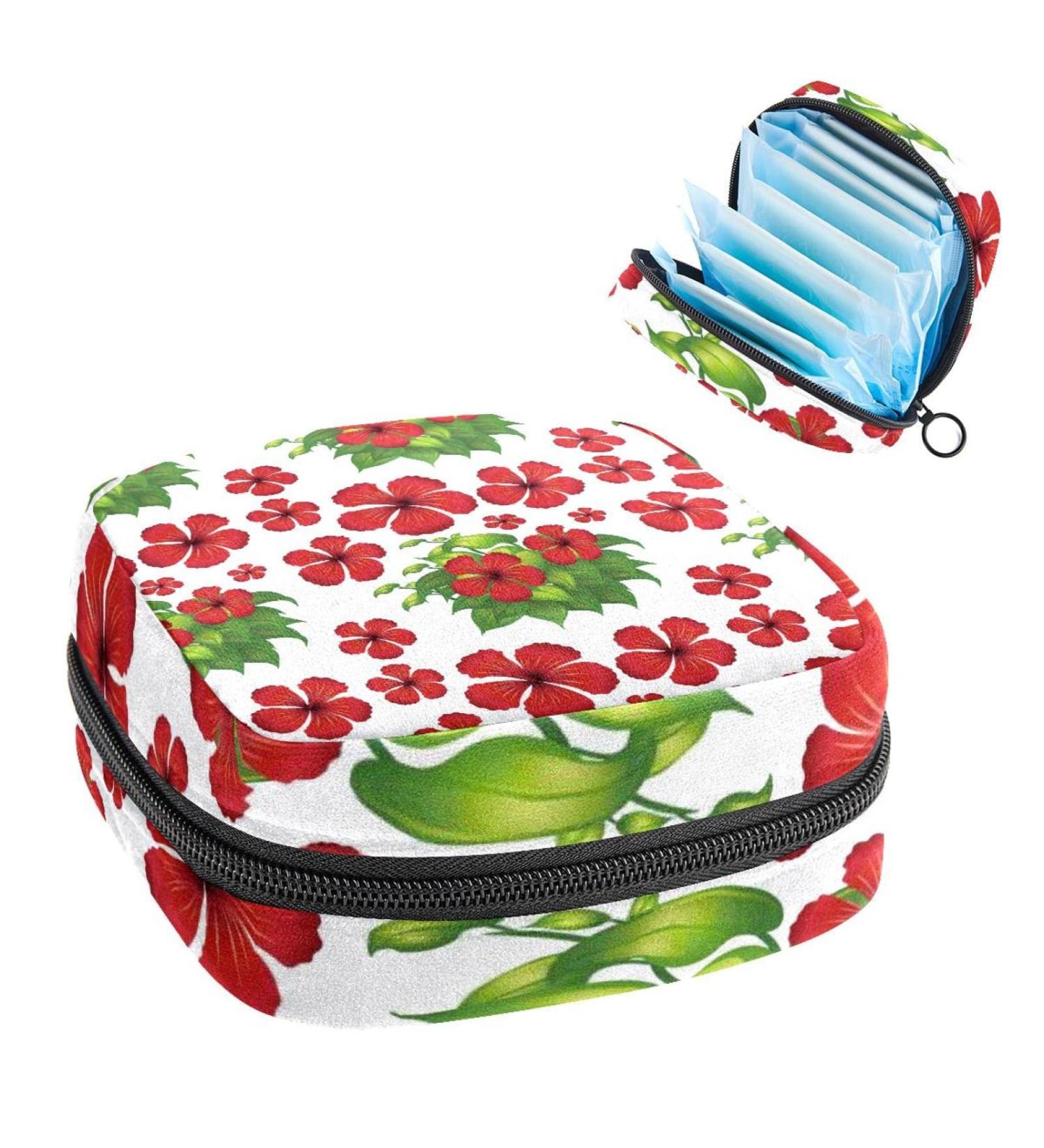 Red Hibiscus Flowers Sanitary Napkin Storage Bag - Portable Menstrual Cup Pouch for Women and Teens - Multi-colored - Buy Online on GoSupps.com