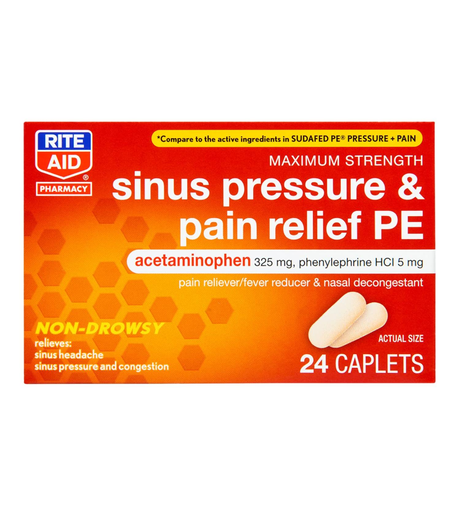 Rite Aid Sinus Pressure and Pain Reliever PE - 24 Tablets | Non-Drowsy Sinus & Pain Relief for Adults - Buy Online on GoSupps.com
