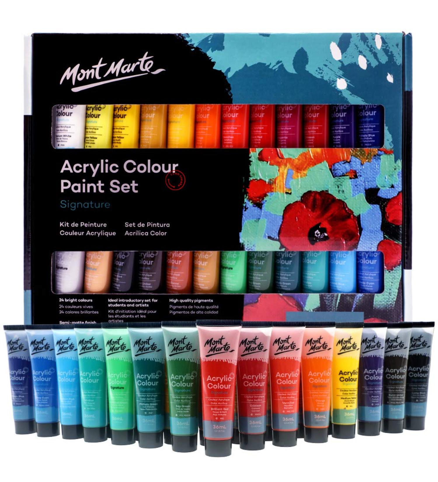 Mont Marte Acrylic Paint Set 24 Colors 36ml - Ideal for Canvas, Wood, Fabric, Leather, and Crafts - 24 Count - Buy Online on GoSupps.com