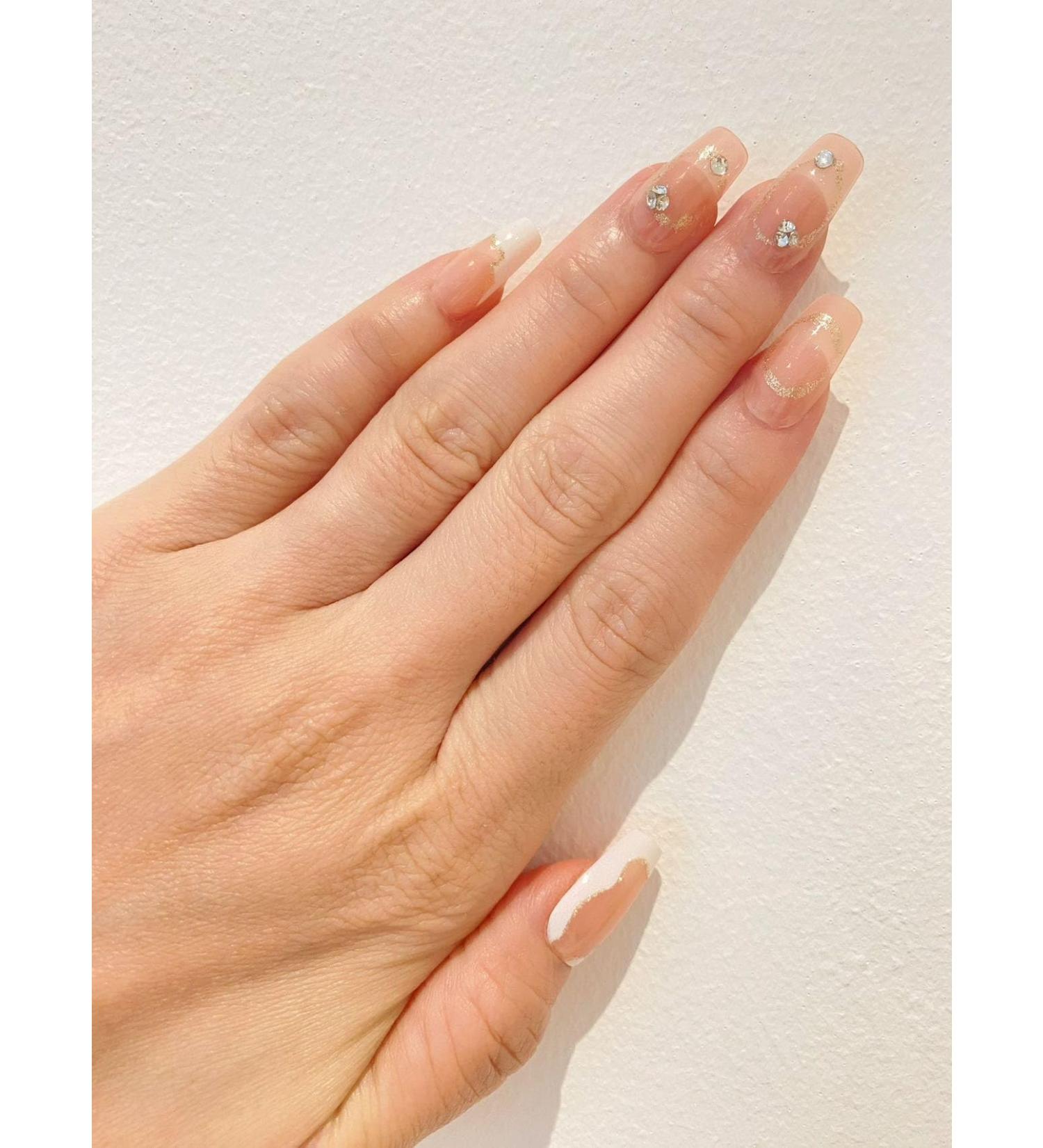 Medium Squoval Nude Base with Glitter Rhinestones Fake Press On Nail Set - Buy Online on GoSupps.com