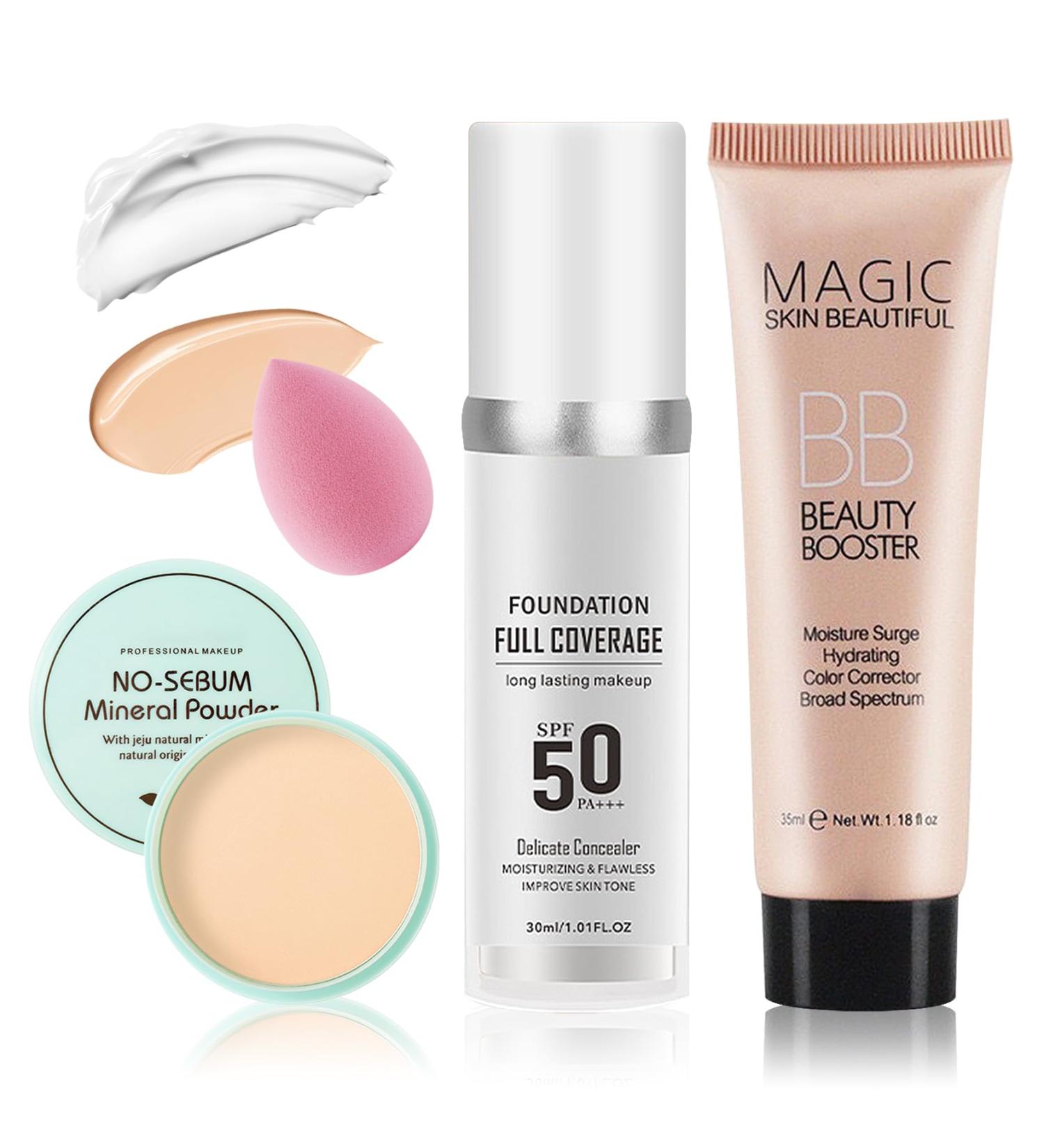 Color Changing Full Coverage Liquid Foundation Makeup Set with Lightweight Loose Setting Face Powder and Makeup Sponge Moisturizing BB Cream Non-greasy Flawless Concealer for All Skin Types - Buy Online on GoSupps.com