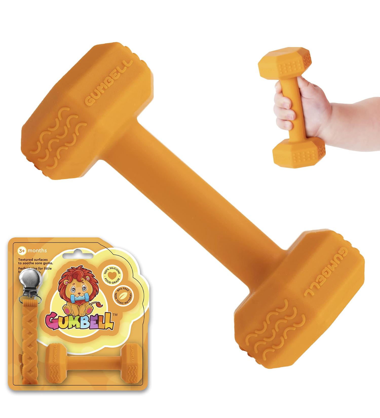 Baby Dumbbell Teething Toy w/ Pacifier Clip | Silicone Teether for Babies | Orange Fitness Novelty Teether - Buy Online on GoSupps.com