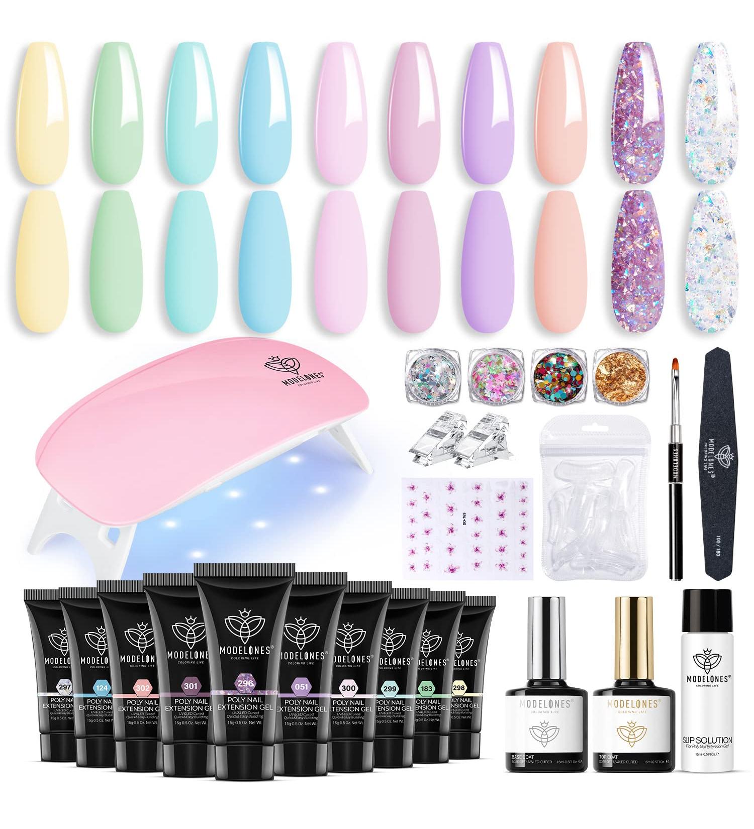 Modelones 59 Pcs Poly Nail Gel Kit Starter - Pastel Spring Colors Poly Nail Extension Gel with 6W Nail Lamp and Nail Art Accessories - Ideal for Beginners - Buy Online on GoSupps.com