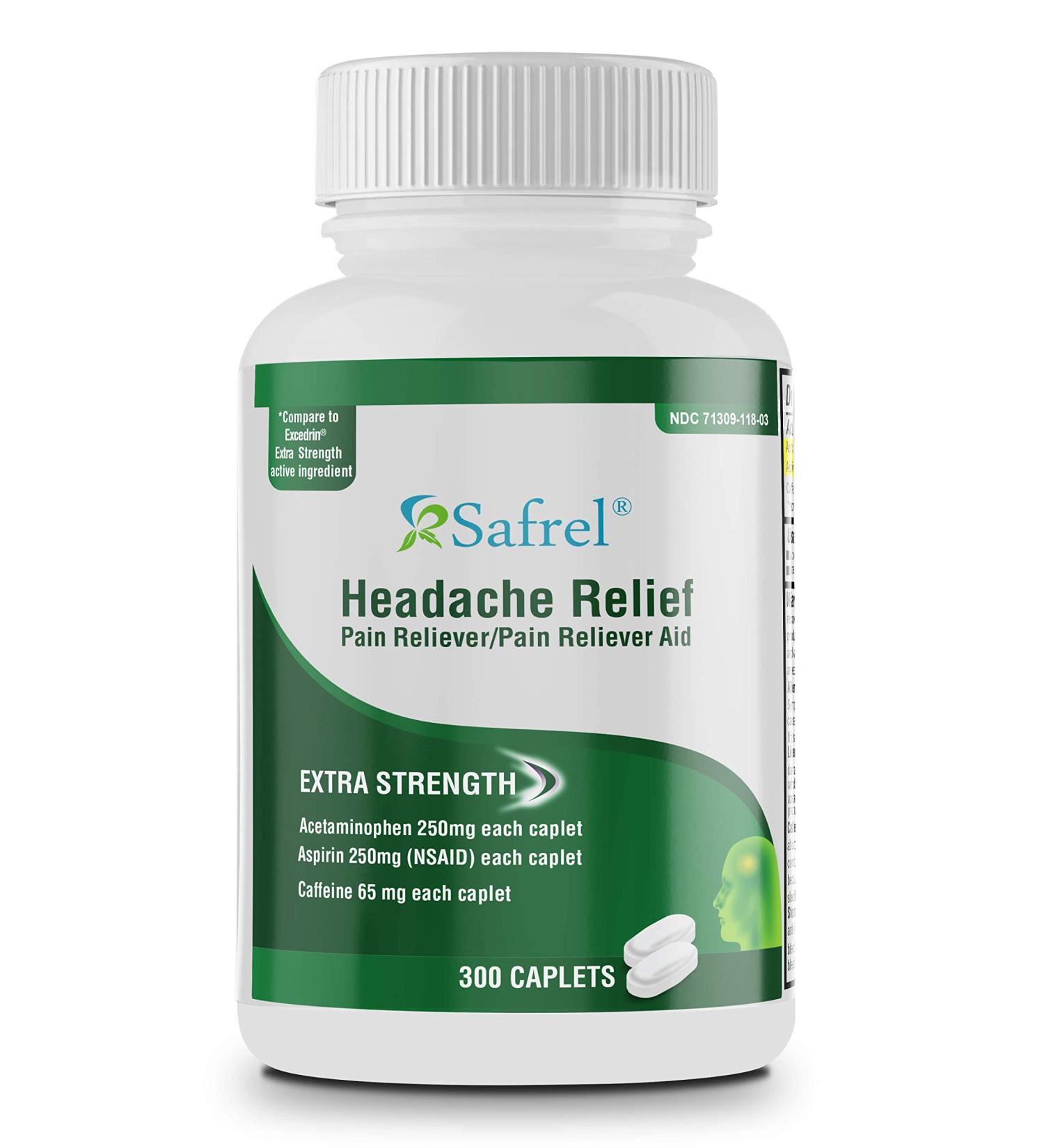 Safrel Extra Strength Headache Relief | Acetaminophen with Aspirin & Caffeine (300 Caplets) | Muscle & Back Pain Relief | Generic Excedrin - Buy Online on GoSupps.com