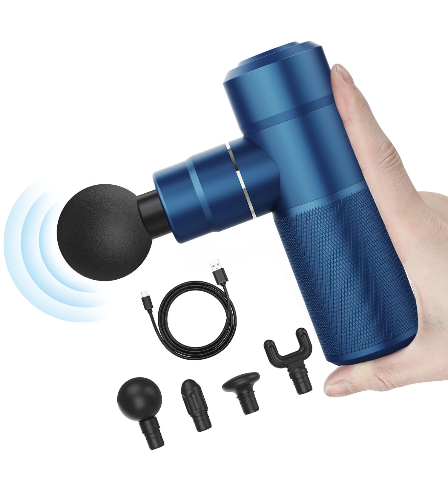 Comfier Mini Massage Gun for Athletes - Lightweight Deep Tissue Massager with 4 Heads, USB Charging - Quiet & Anti-Slip Design - Blue - Buy Online on GoSupps.com