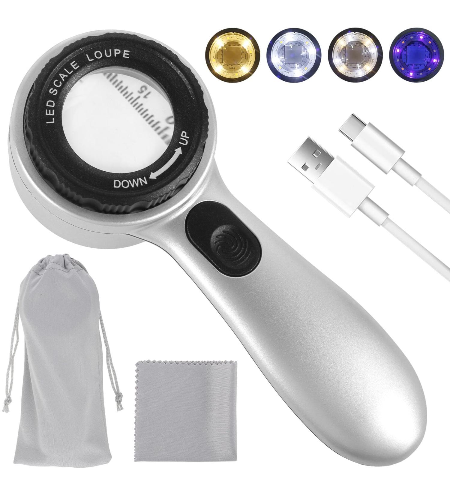 Handheld Jewelers Loupe with Scale 30X USB Rechargeable Coin Magnifier Handheld Magnifying Glass with LED Lights Clear Jewelers Coin Magnifier for Jewelry Passport Stamp Watch Rock - Buy Online on GoSupps.com