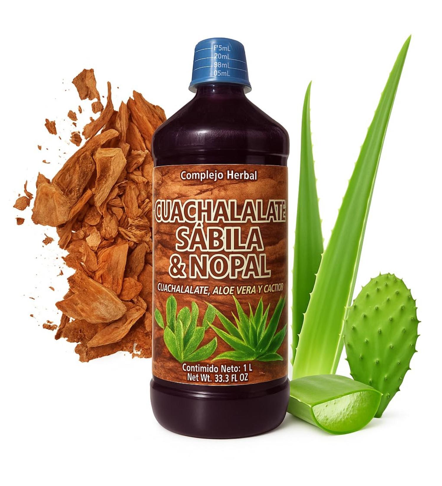 Aloe Vera Nopal Cactus and Cuachalalate Herbal Supplement 33.8 fl oz (1.05 qt / 1L) with Vitamin C for Digestive & Immune Support Made in USA