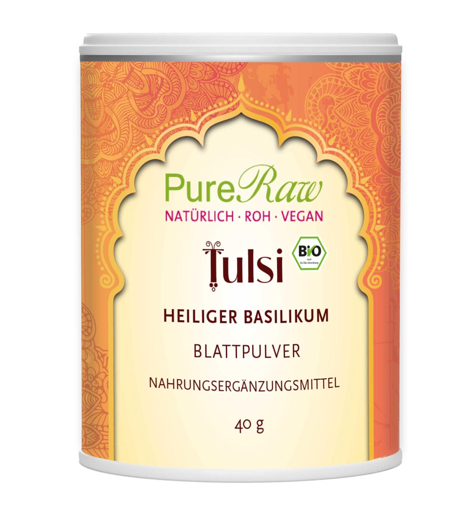 Organic Tulsi Powder - Vegan Ayurvedic Holy Basil - Pureeraw 40g | Additive-Free Indian Basil Bottled in Germany - Buy Online on GoSupps.com