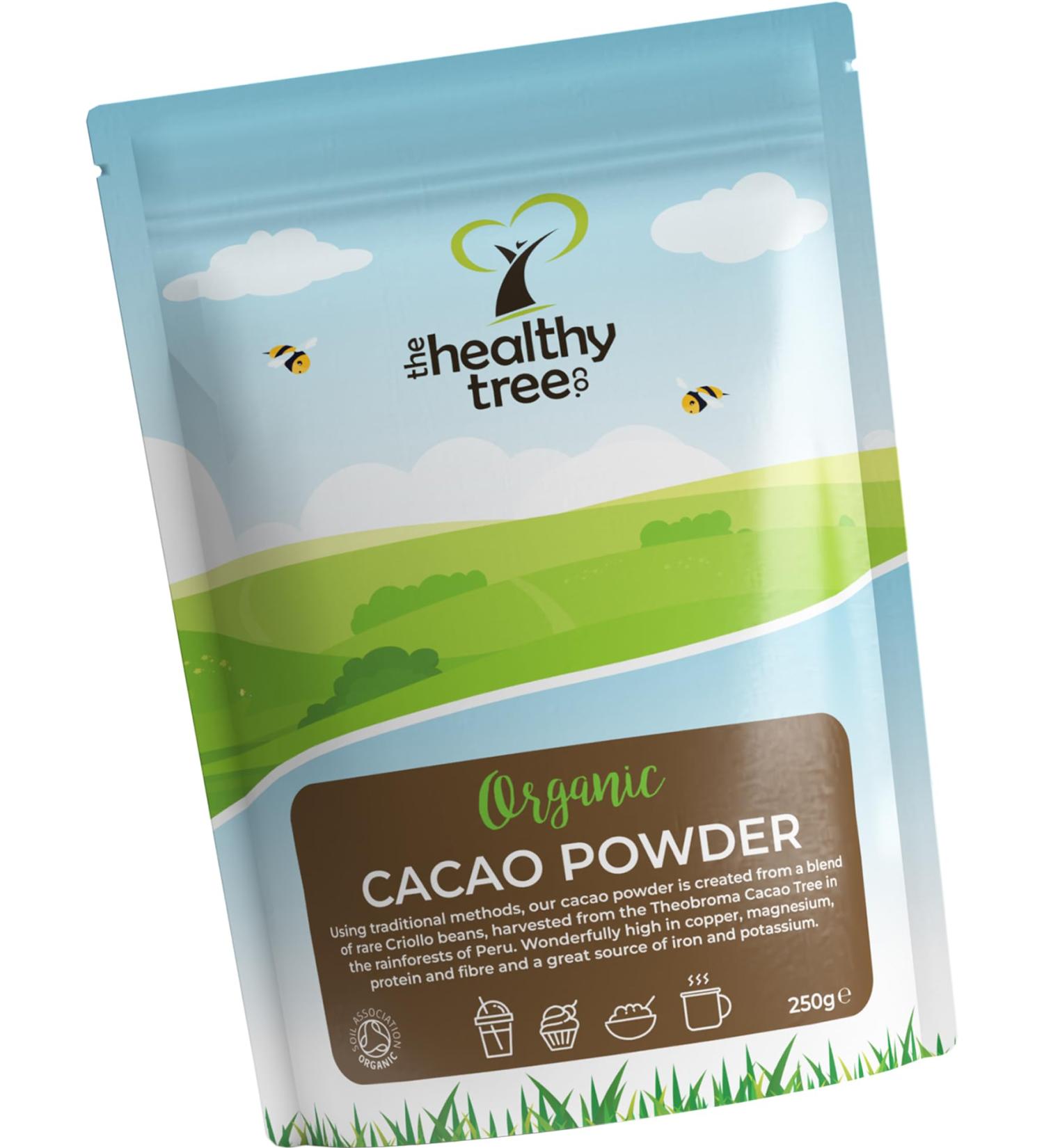Organic Raw Cacao Powder by TheHealthyTree Company - Ideal for Yoghurt, Smoothies & Baking - High Protein, Magnesium, Fibre & Potassium - Sugar-Free Vegan Cacao Powder (250g) - Buy Online on GoSupps.com