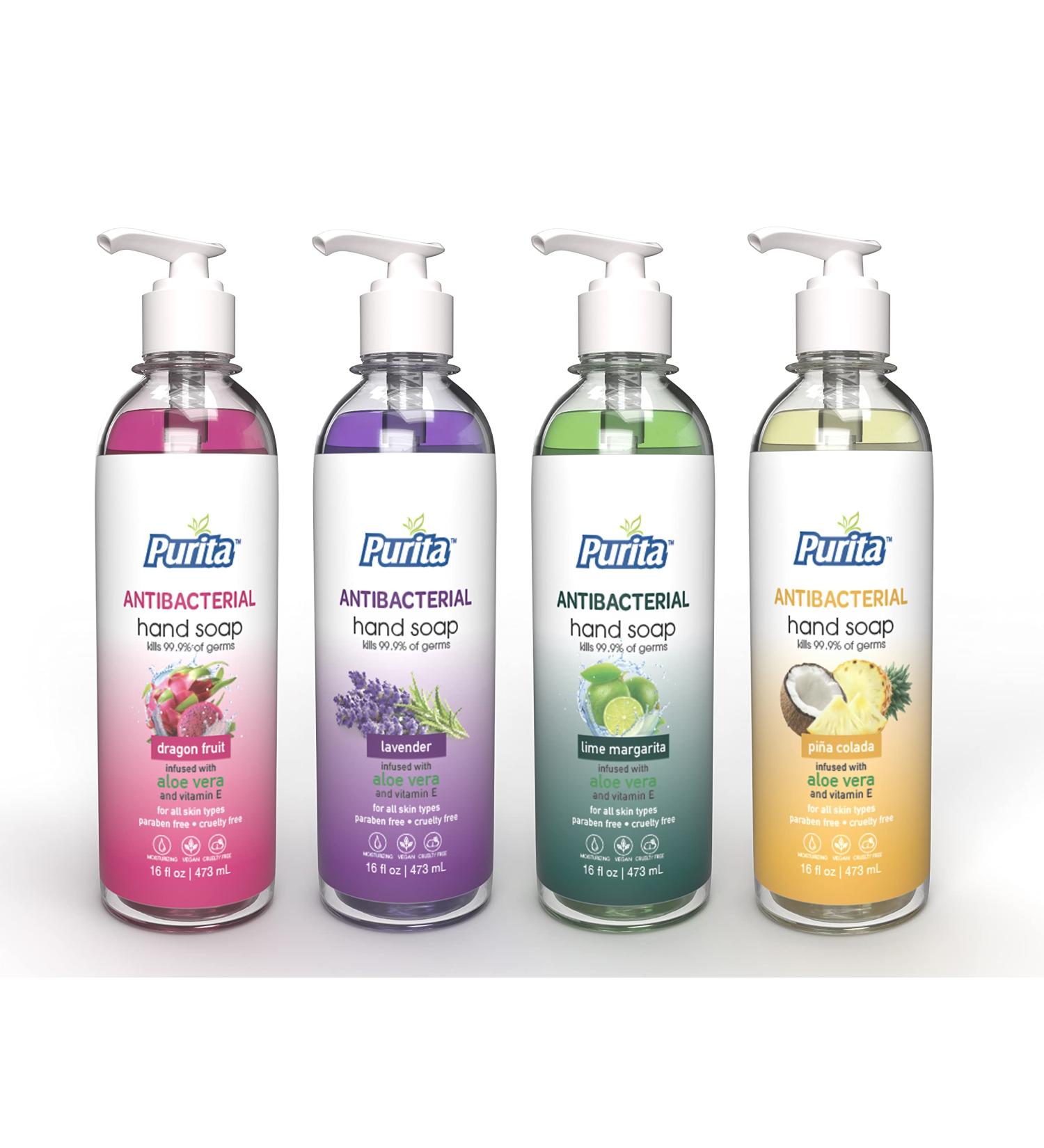 PURITA Antibacterial Liquid Hand Soap 16 fl OZ with Aloe Vera Vitamin E and Invigorating Scents - (1x Dragon Fruit Lavender Pi a Colada Lime Margarita Pack of 4) Made in USA - Buy Online on GoSupps.com