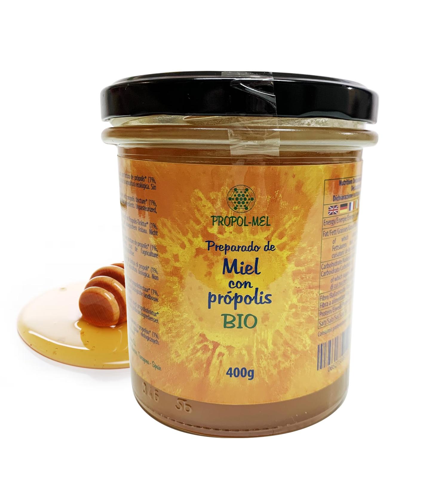 Honey with organic propolis x 400 gr. Propolis with floral aroma. Bee honey with a thousand flowers with propolis that improves defenses and has protective properties. - Buy Online on GoSupps.com
