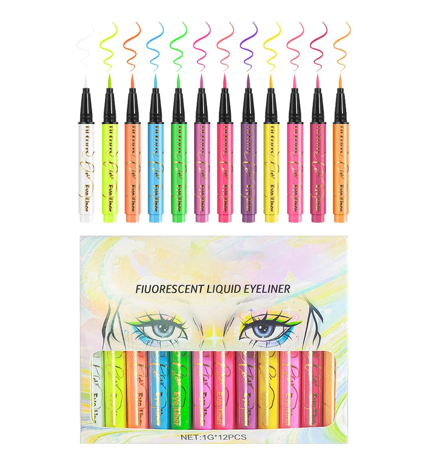 Colored Eye Liner Waterproof Fluorescent Eye Liner Face Glitter - 12 Colors UV Neon Liquid Eye Liner Set Festival Accessories Makeup Kit Pigmented Graphic Liners for Eye Makeup - Buy Online on GoSupps.com