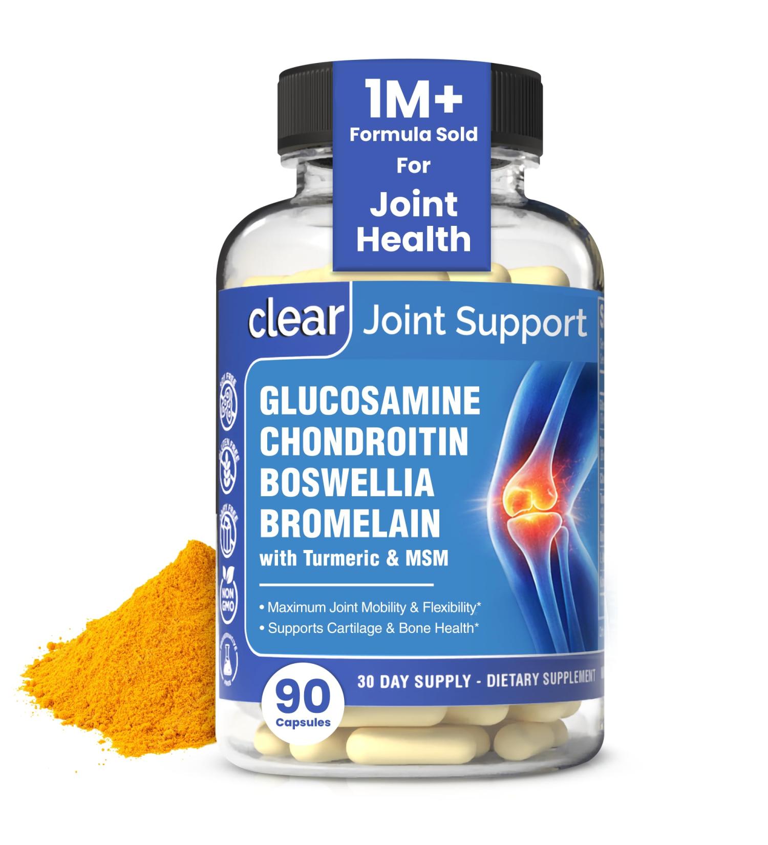 Glucosamine Sulfate 1500mg Chondroitin & MSM Joint Support - 8-in-1 Formula with Turmeric & Boswellia - Easy-to-Swallow Capsules Gentle on Stomach for Back Knee & Hip Support - 90 Capsules - Buy Online on GoSupps.com