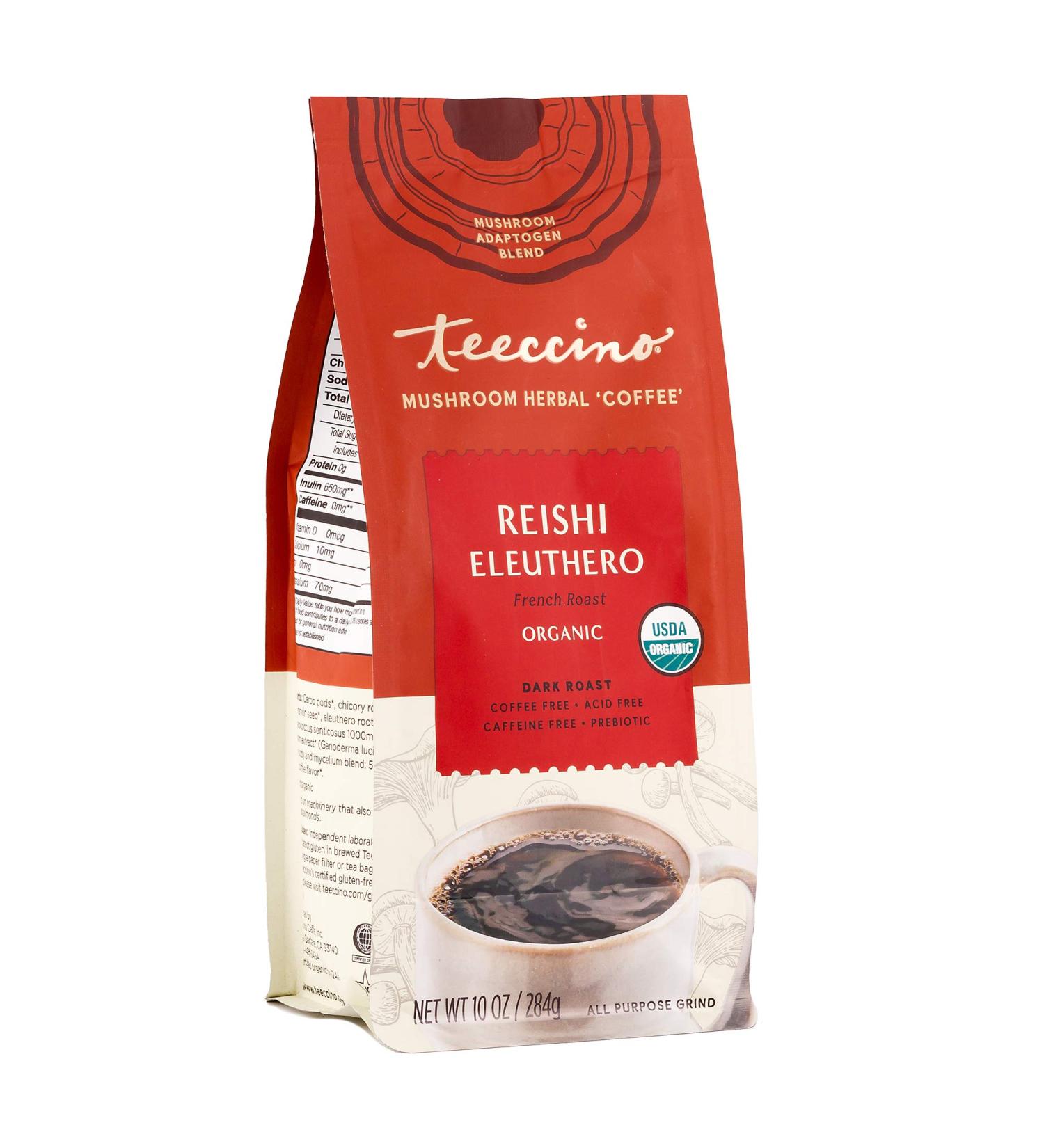 Teeccino Mushroom Herbal Coffee - Reishi & Eleuthero Dark Roast, Caffeine Free, 10 oz - Buy Online on GoSupps.com