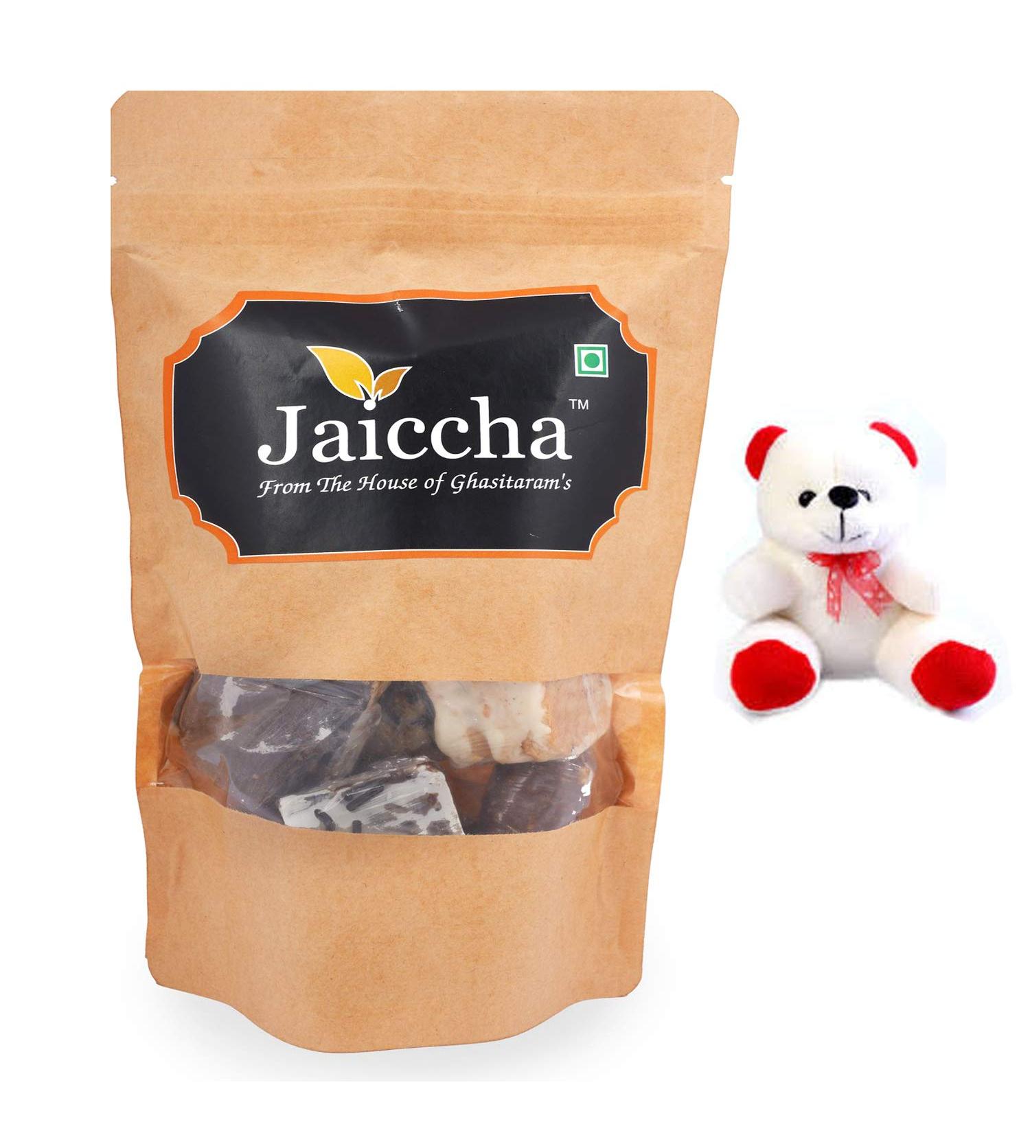 Jaiccha Ghasitaram Valentine Gifts - Valentine Sweets Assorted Crunchy Bites in a Brown Pouch and a Teddy - Buy Online on GoSupps.com