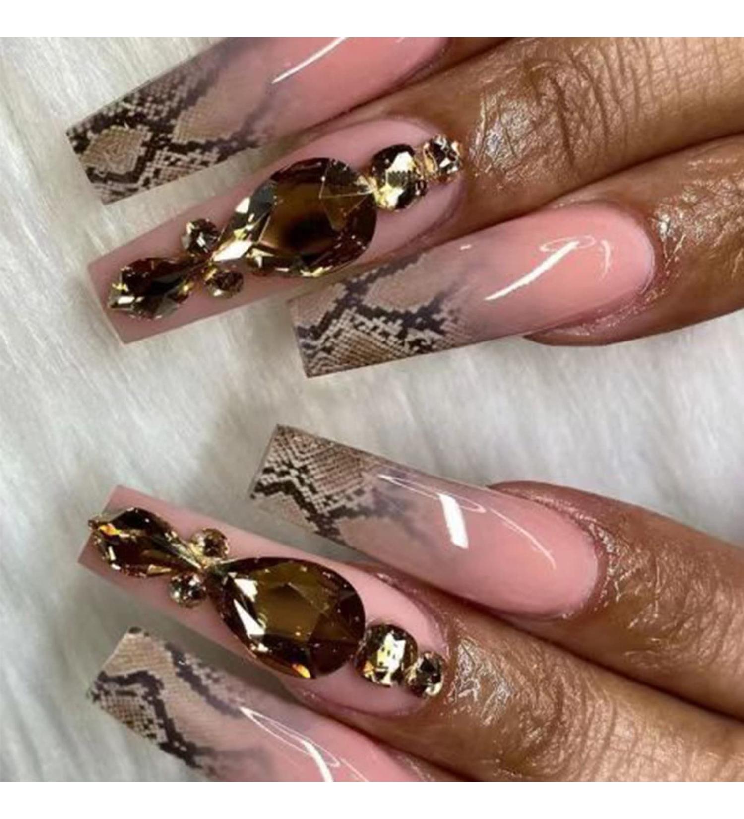 24pcs Fake Nails Extra Long Ballerina Coffin Serpentine Rhinestone Pink Decals DIY False Nails with Designs Nail Art New in 2022 z-86