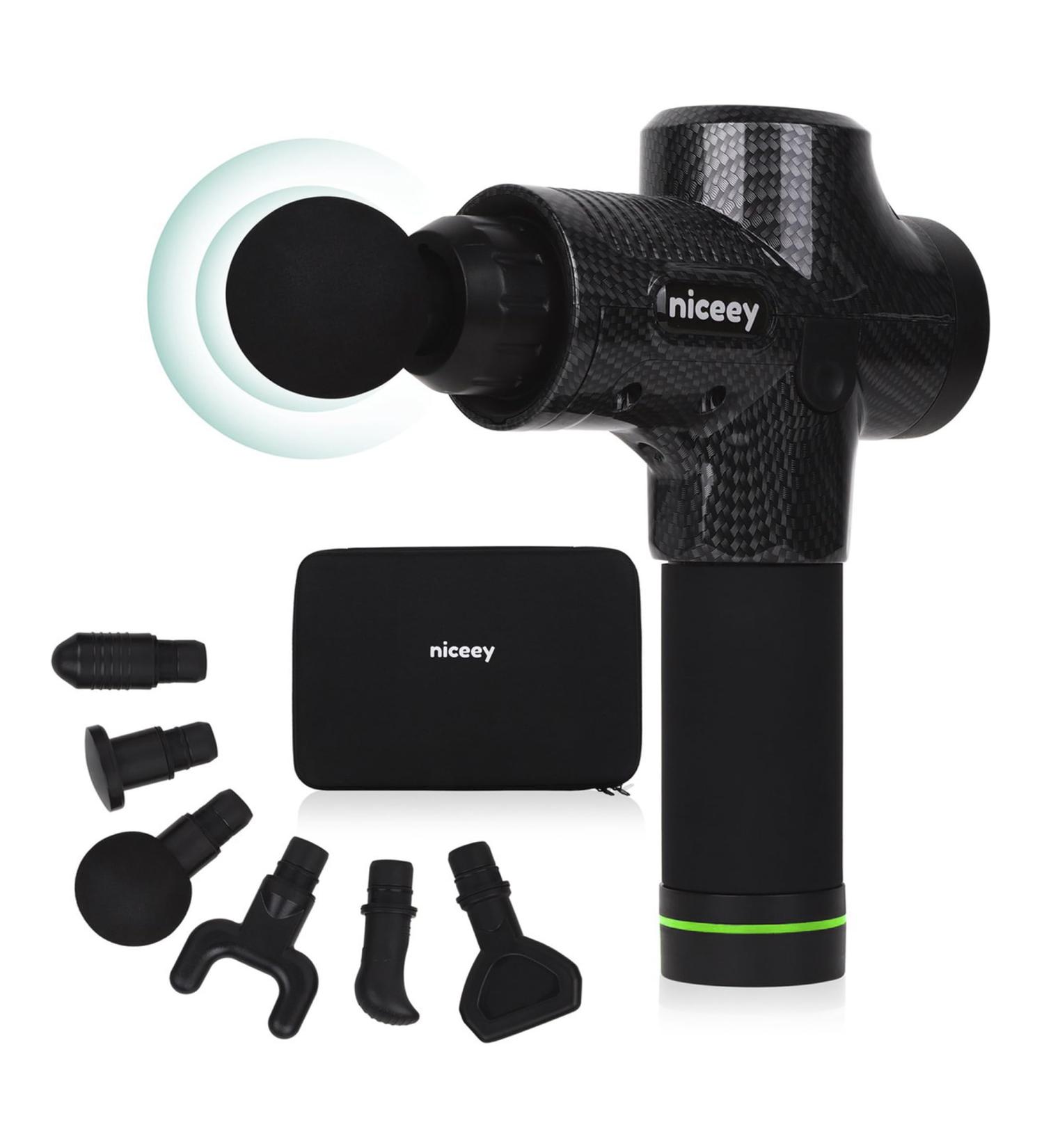 Niceey Massage Gun - 30 Speed Percussion Device for Muscle Relief | Massage Mat & 6 Heads for Shoulder & Back Relaxation - Black - Buy Online on GoSupps.com