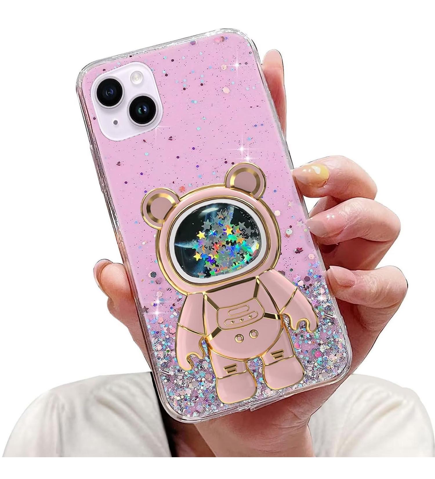 Tivenfezk Nadoli iPhone 14 Plus Case - Glitter Astronaut Hidden Stand Soft Silicone Bling Cover Transparent Protective Shell - Pink Caricature Design - Buy Online on GoSupps.com