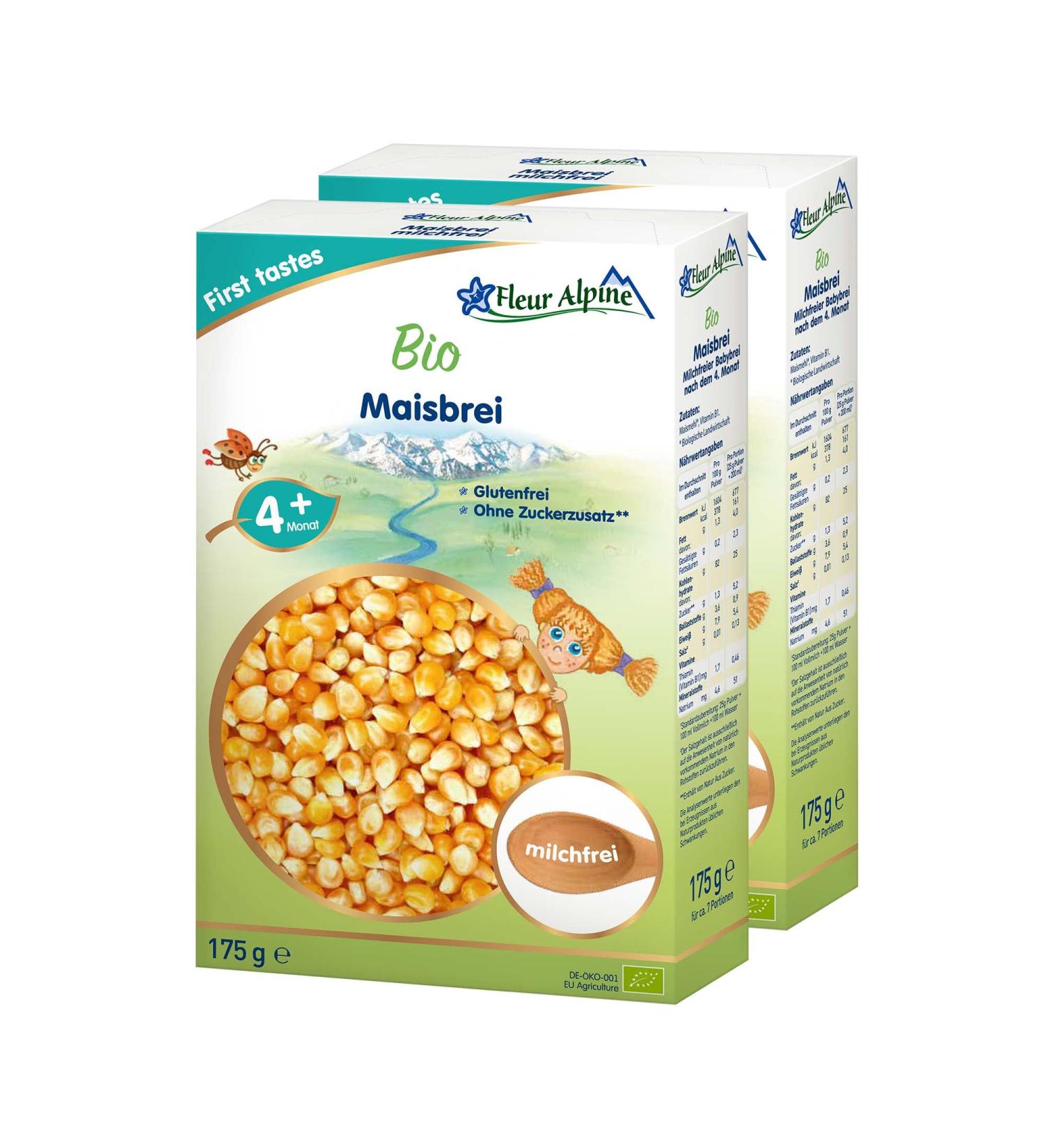 Fleur Alpine Bio Babybreis Mais 2-Pack | Gluten-Free Breakfast Porridge for Babies 4+ Months | Nutritious & Sugar-Free | Easy Preparation | 2x7 Portions - Buy Online on GoSupps.com