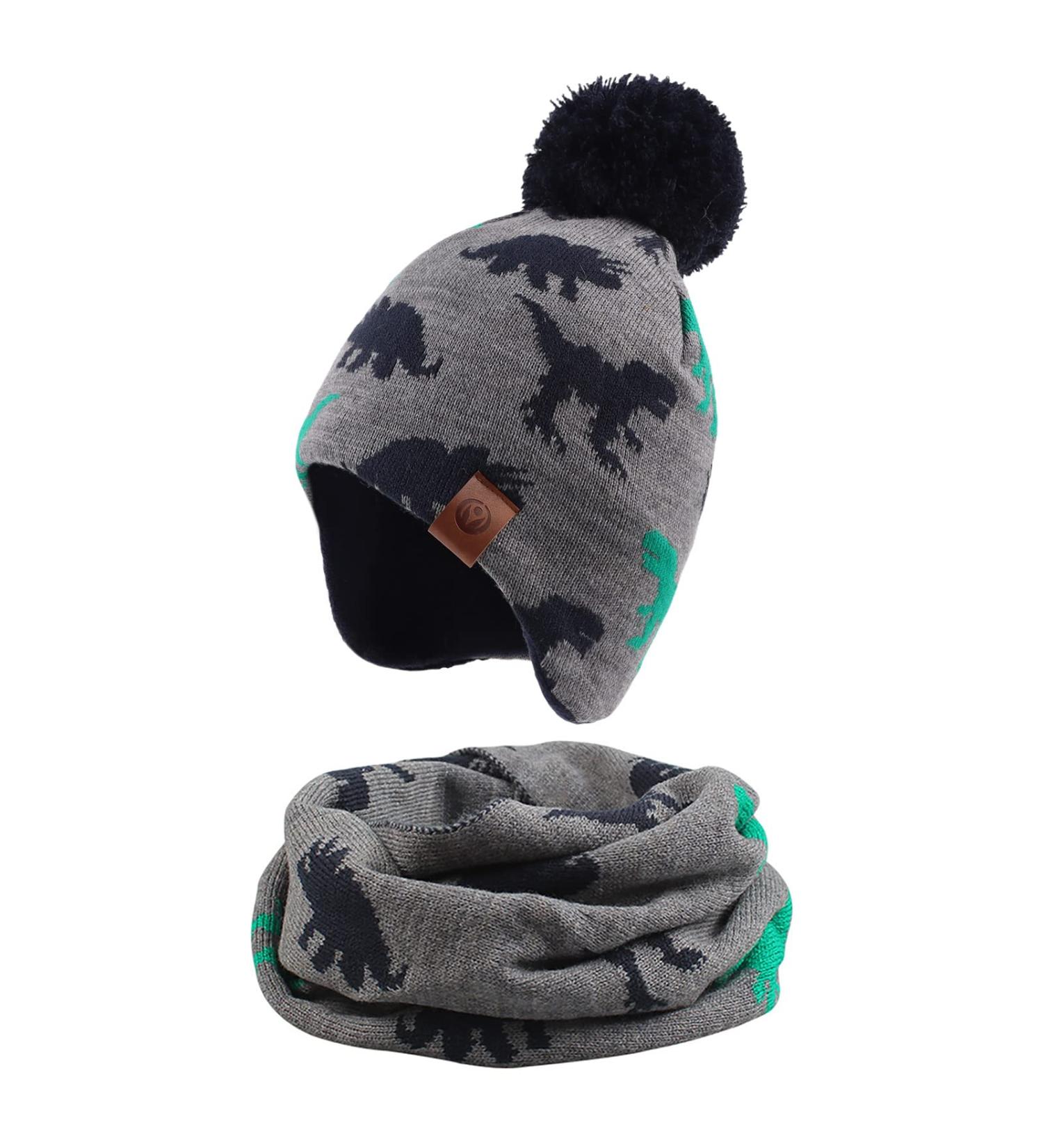 XIAOHAWANG Knitted Baby Hat with Pompom | Winter Warm Boys Girls Beanie | Fleece Lining Toddler Kids Hat | Gray Dinosaur Hat+Scarf | 4-7 Years - Buy Online on GoSupps.com