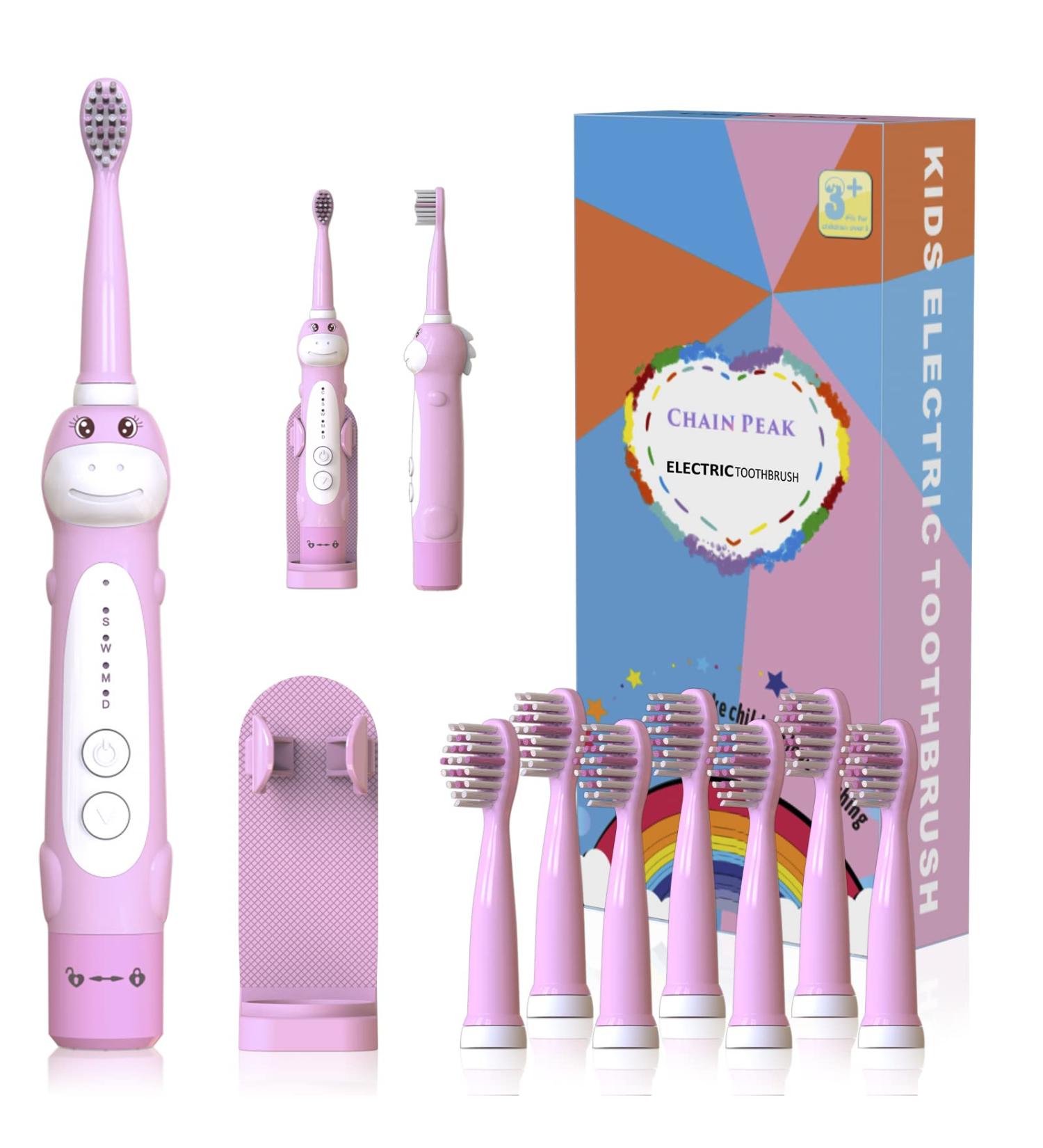 Kids Dinosaur Sonic Electric Toothbrush with Timer - 5 Modes, 8 Heads, Rechargeable - Ages 3-12 - Pink - Buy Online on GoSupps.com