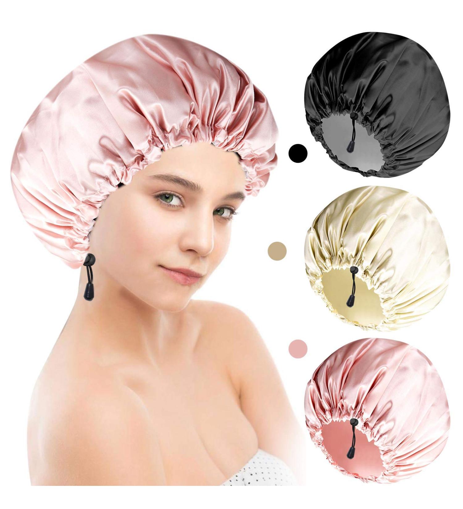 3PCS Extra Large Waterproof Shower Cap Set for Women Men - Reusable & Adjustable - Ideal for Long Hair - Black Gold Pink - By Rbersea - Buy Online on GoSupps.com