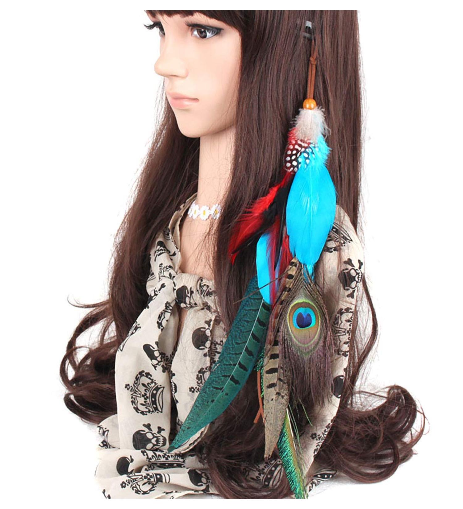 Handmade Peacock Feather Hippie Hair Extension Headband Bohemia Feather Hair Clips Comb with Bead Women Hairpin Headdress DIY Accessories - Buy Online on GoSupps.com