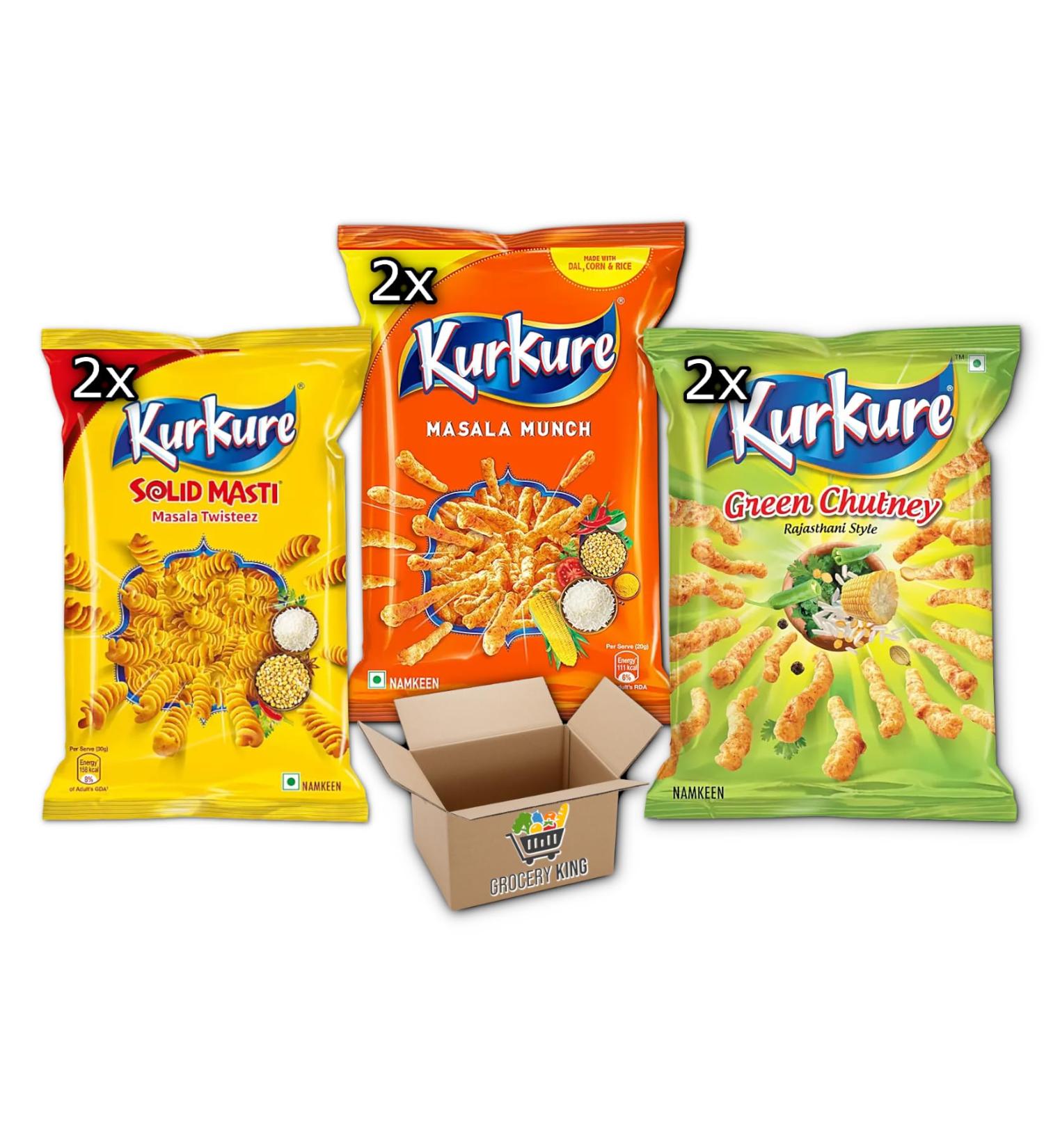 Kurkure Variety Pack: Masala Munch 2x70g Green Rajasthani Chutney 2x70g & Solid Masti 2x61g (6PCS) Grocery King