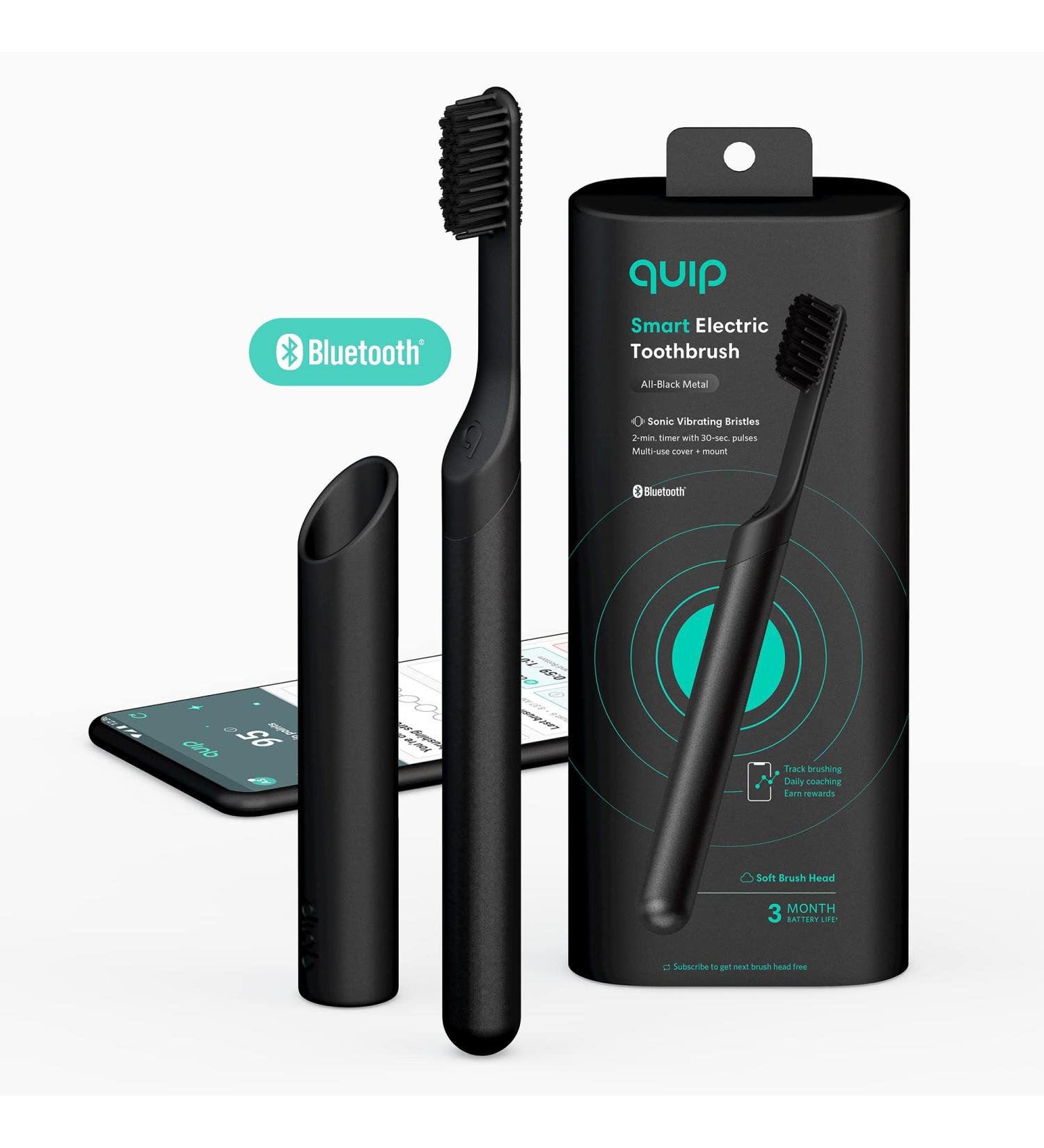 Quip Adult Smart Electric Toothbrush - Sonic with Bluetooth, Travel Cover, Soft Bristles & Timer - All-Black - Buy Online on GoSupps.com