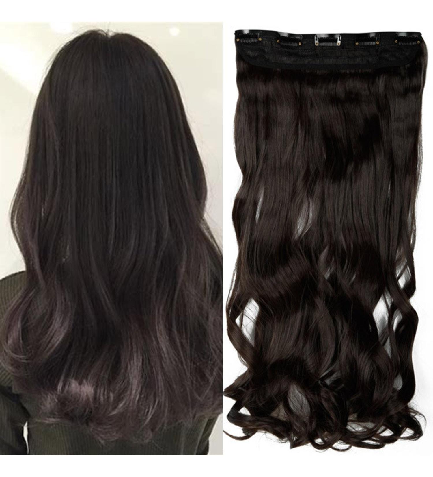 17 Inch One Piece Clip In Hair Extensions Curly Hairpieces 5 Clips Wavy Synthetic For Women Ladies - Dark Brown(43cm-120g) - Buy Online on GoSupps.com