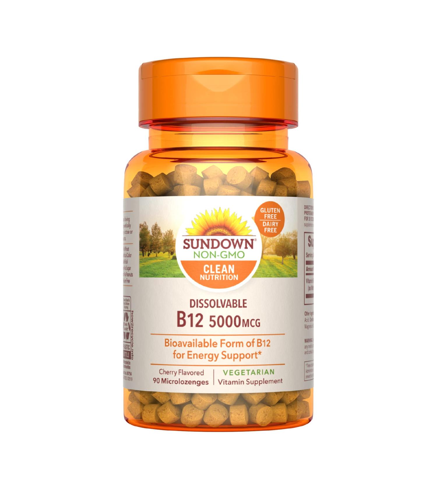Sundown Dissolvable B12 5000mcg - Vegetarian Cherry Flavored Microlozenges for Cellular Energy - 90ct - Buy Online on GoSupps.com